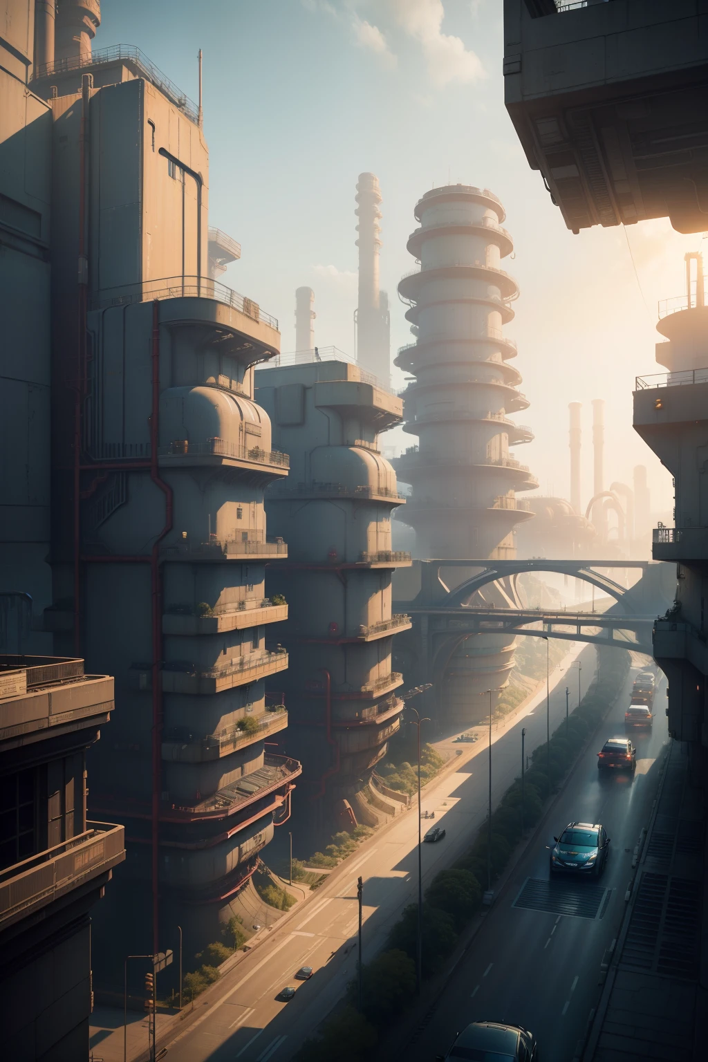 sci-fi cyberpunk city, bridges, deep ravine rift in the middle, terraced streets, reactors, breeder, oil refinery, cars, sunny days, industrial architecture, masterpiece, best quality, high detial, hyper realistic