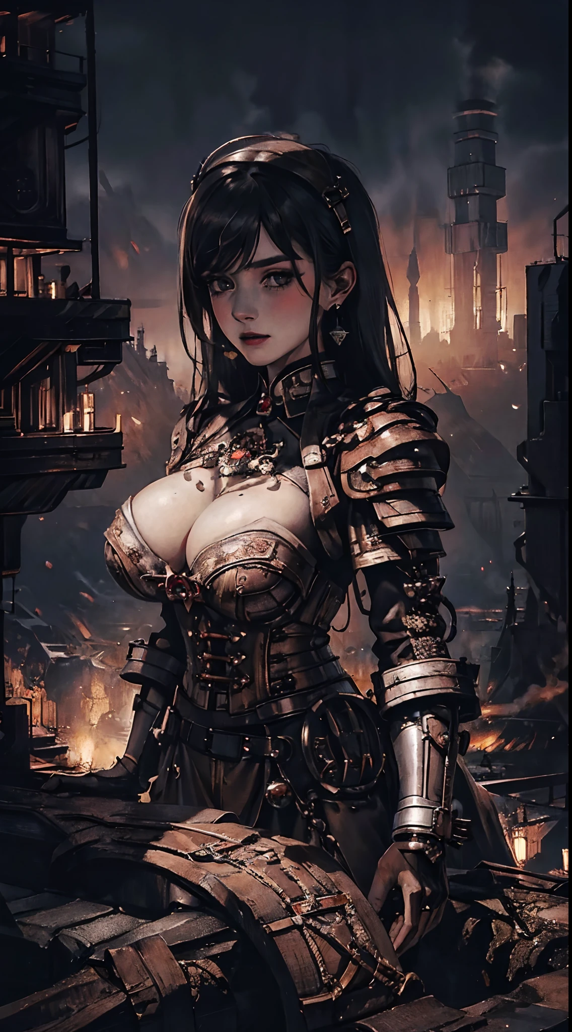 (masterpiece, best quality, intricate, exquisite details, hyperdetailed, dieselpunk), stunning woman sitting on rubles, hime cut, black & red accent dieselpunk chic outfit, megastructures in the distance, vantage point, horizon, gritty texture, cross processing print, chiaroscuro lighting, Luminous dark Atmospherics