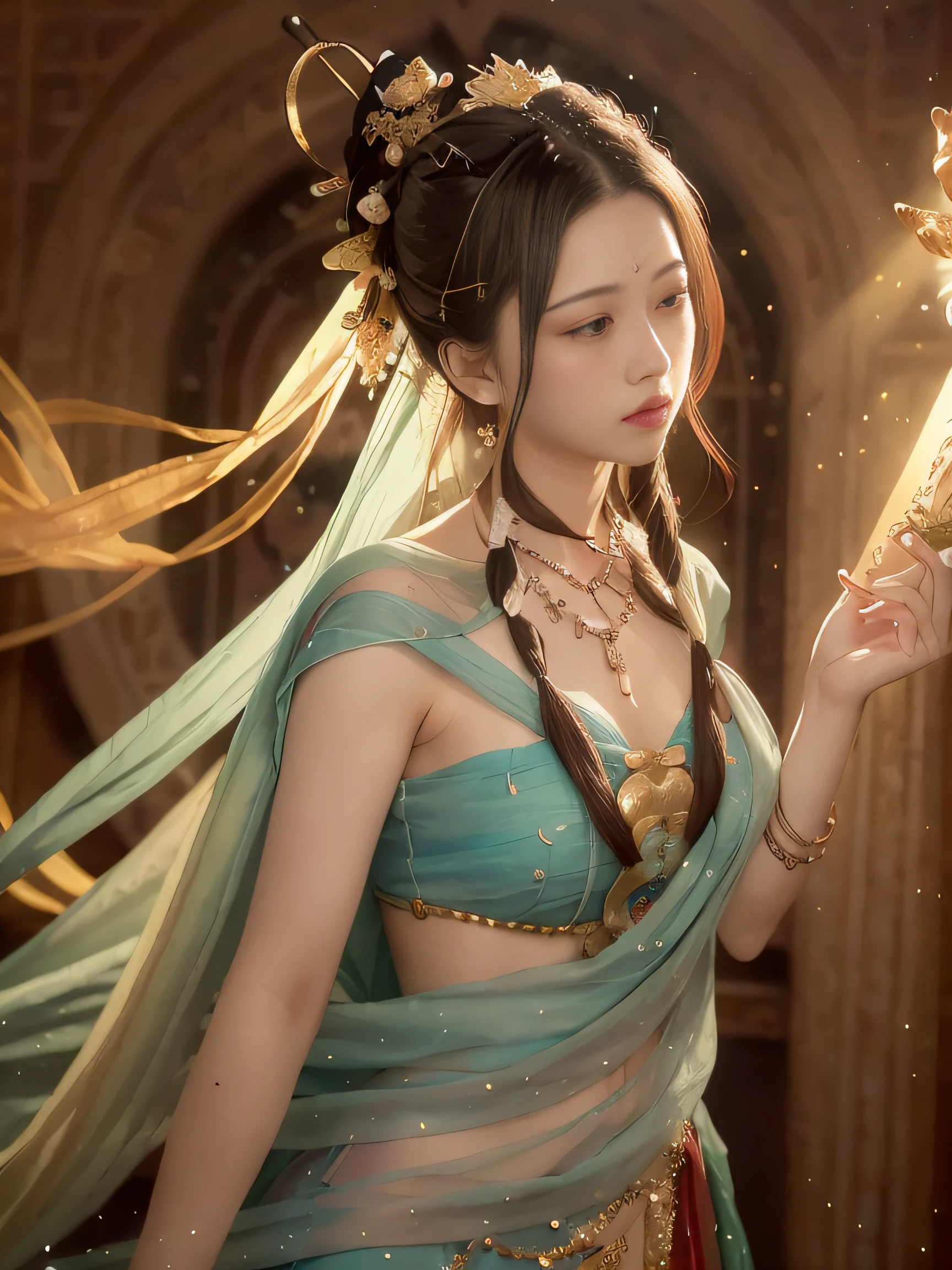 (RAW photo, best quality), (realistic, photo-realistic:1.3),best quality,highly detailed,masterpiece,ultra-detailed,illustration,1girl,upper_body,dynamic angle,world masterpiece theater,messy_long_hair,best quality,extremely detailed CG unity 8k wallpaper,ink,Amazing,cinematic lighting,lens_flare, dunhuang_style