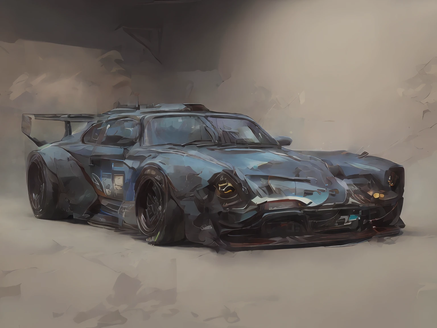 a 3/4 front view of ((futuristic cyberpunk hotrod zeekars)) (with glowing tires), at the parking lot,