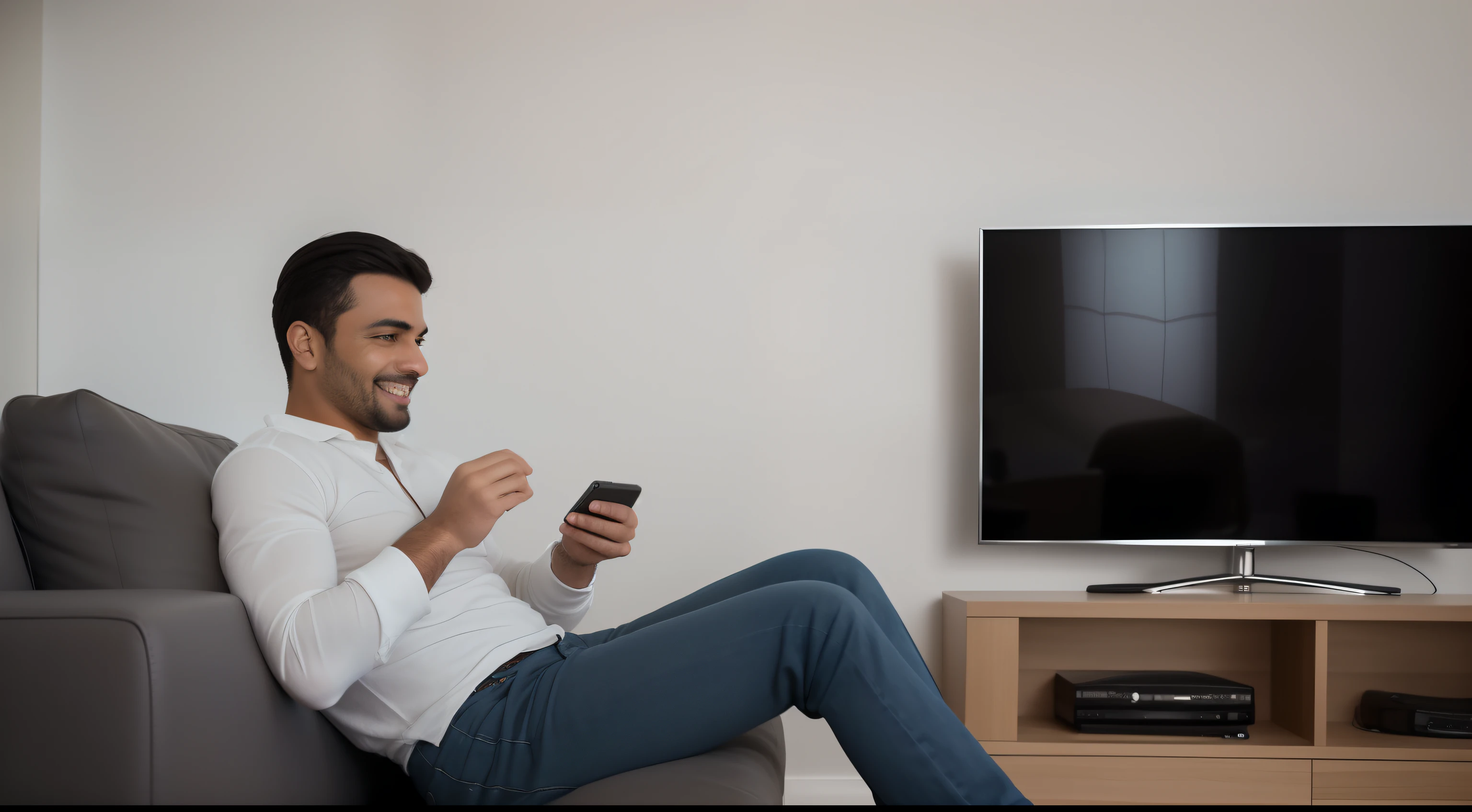 desenho, Ultra realista, 8k, extremamente detalhado, na melhor qualidade, Illustration of a person sitting on a soft sofa, with a relaxed smile on his face and a remote control in his hand, looking at a television. Ao fundo, uma janela aberta com luz do sol entrando, simbolizando a oportunidade de sair da zona de conforto. Cena ultra detalhada, DSLR camera with 50mm lens, soft studio lighting