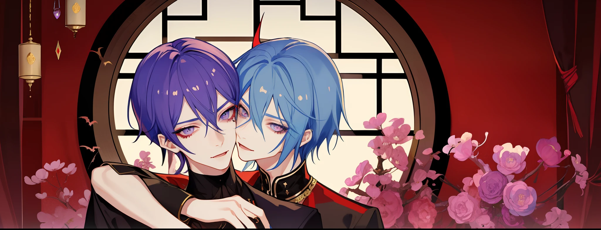 ​masterpiece, top-quality, 2Others, Male couple, 1 man and 1,, Adults, Height difference, different fashion, different color, finely eye and detailed face, intricate detailes, Casual clothing, Oversized shirt, Modern urban streets, Hands on back, A smile, Happiness, tenderness, queers, high-level image quality、 Two beautiful men、tall、hug from behind、Trying to kiss、window、nightfall、nighttime scene、𝓡𝓸𝓶𝓪𝓷𝓽𝓲𝓬、Korean Male, Idol Photos, k pop, Professional Photos, Vampires, Korean fashion in black and white, Fedoman with necklace, inspired by Sim Sa-jeong, androgynous vampire, :9 detailed face: 8, extra detailed face, detailed punk hair, ((asa)) baggy eyes, Seductive. Highly detailed, semi realistic anime, Vampires, hyperrealistic teen, delicate androgynous prince, imvu, short hair above the ears, Man with short hair, A man with a glaring expression and a man with a gentle expression, With a short-haired man with bright purple hair, Man with light blue hair