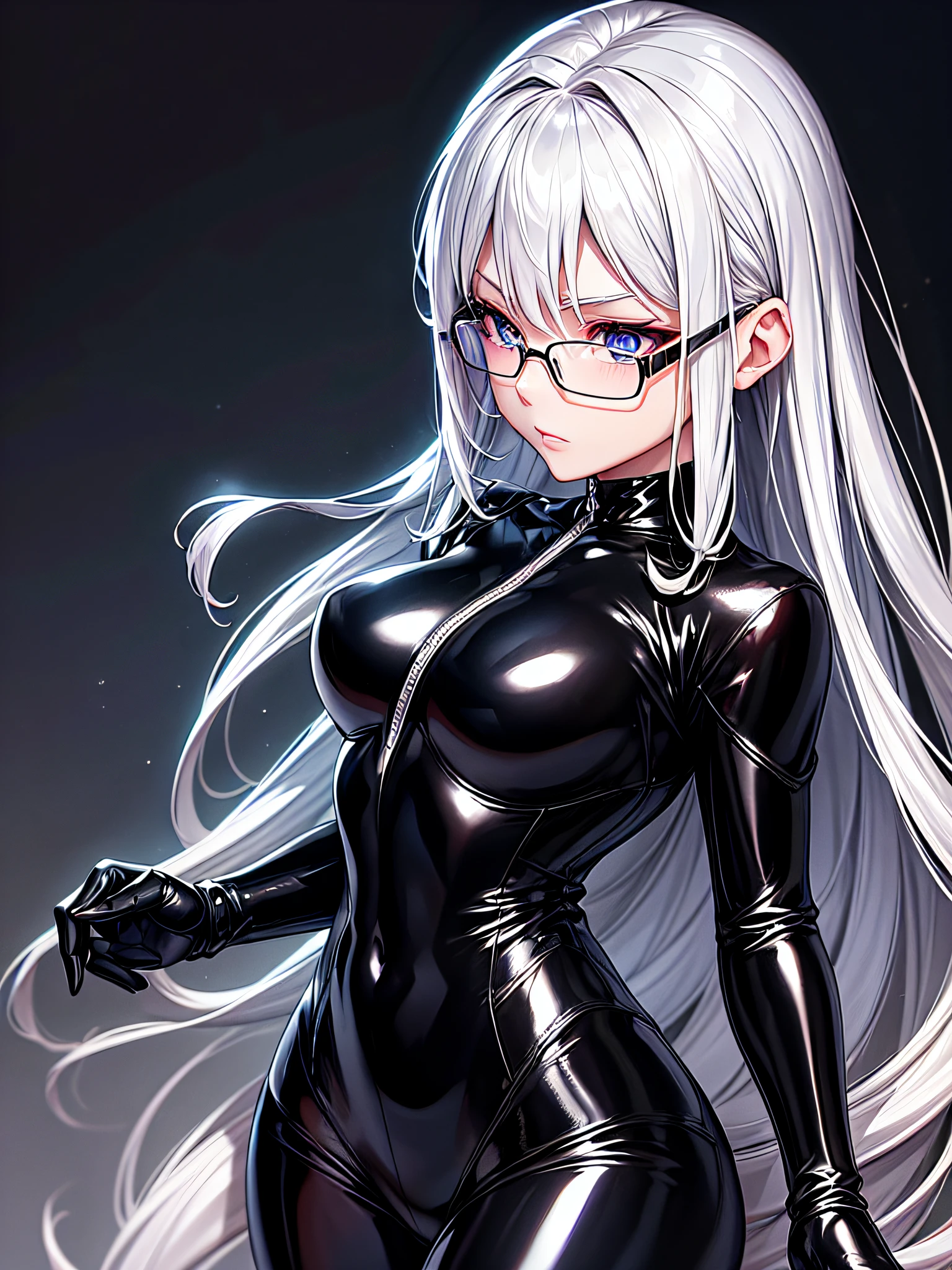 5 8K UHD、A beautiful woman with a small nose with silver hair in a shiny black rider suit with skin hidden up to the tips of black shiny fingertips wearing glasses is looking down、Late night city、Wearing a shiny black latex slider suit with hidden skin、Shiny black latex slider suit、Beautiful-headed woman with one leg raised expressionless