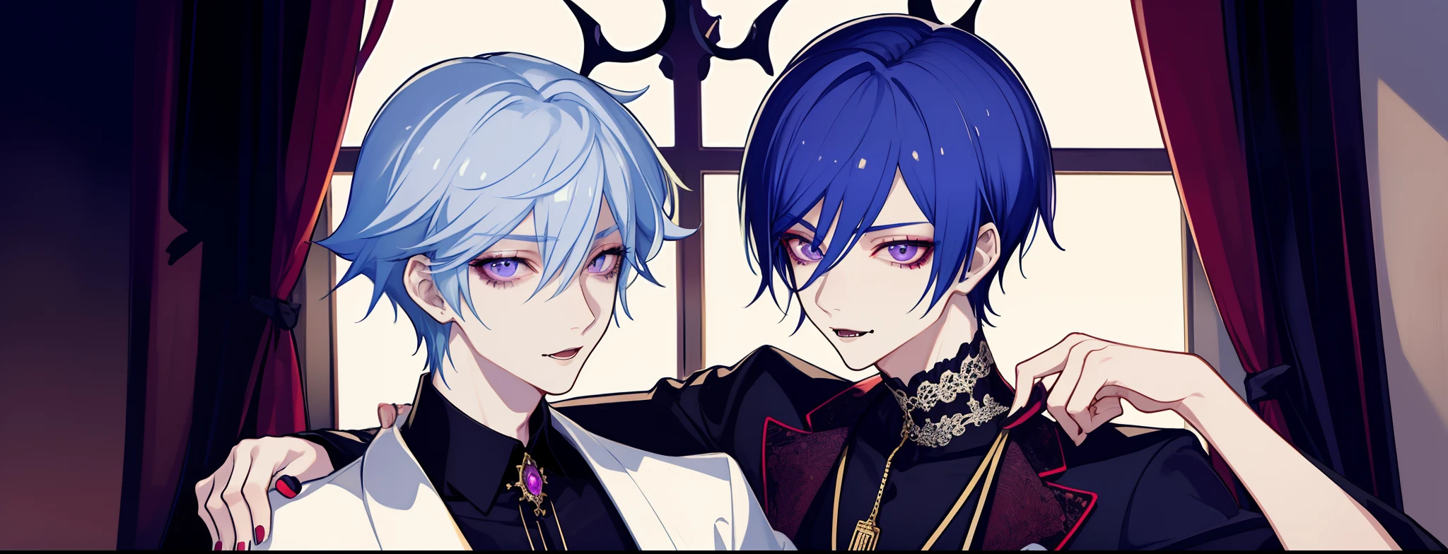 masterpiece, top-quality, 2Others, Male couple, 1 man and 1,, Adults, Height difference, different fashion, different color, finely eye and detailed face, intricate detailes, Casual clothing, Oversized shirt, Modern urban streets, Hands on back, A smile, Happiness, tenderness, queers, high-level image quality、 Two beautiful men、tall、hug from behind、Trying to kiss、window、nightfall、nighttime scene、𝓡𝓸𝓶𝓪𝓷𝓽𝓲𝓬、Korean Male, Idol Photos, k pop, Professional Photos, Vampires, Korean fashion in black and white, Fedoman with necklace, inspired by Sim Sa-jeong, androgynous vampire, :9 detailed face: 8, extra detailed face, detailed punk hair, ((asa)) baggy eyes, Seductive. Highly detailed, semi realistic anime, Vampires, hyperrealistic , delicate androgynous prince, imvu, short hair above the ears, Man with short hair, A man with a glaring expression and a man with a gentle expression, With a short-haired man with bright purple hair, Man with light blue hair