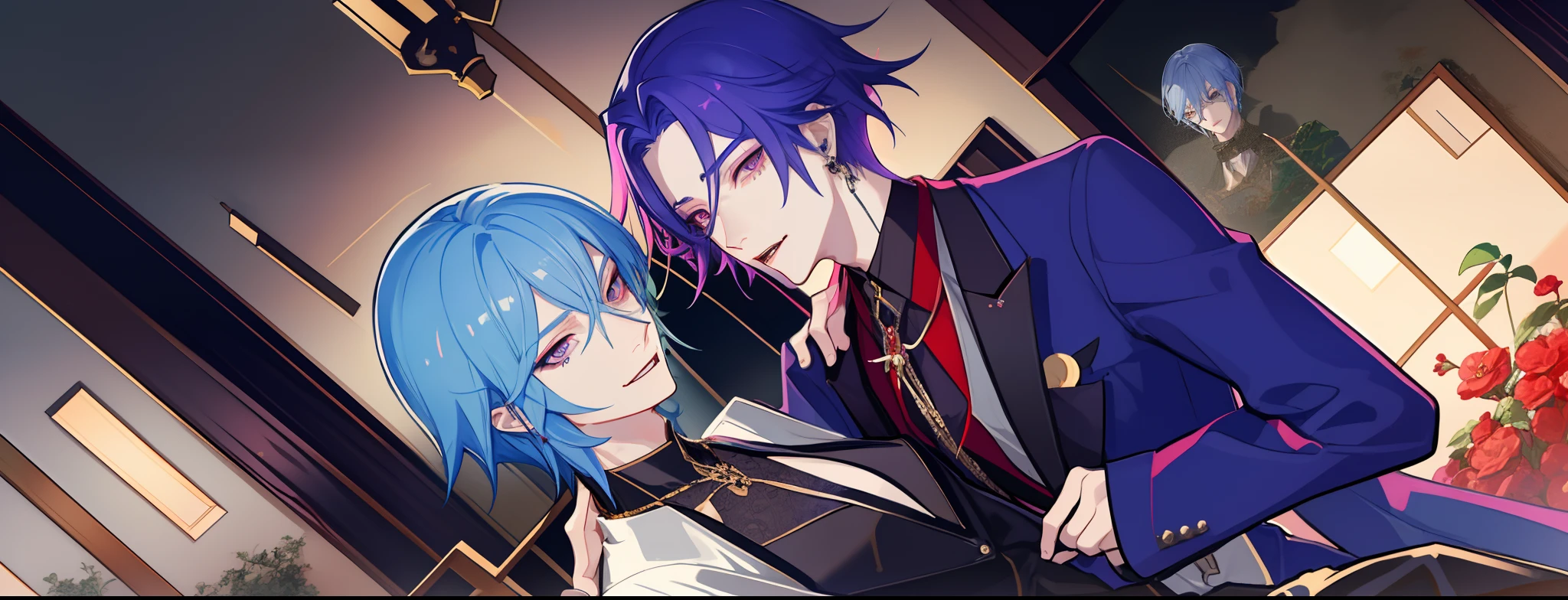 masterpiece, top-quality, 2Others, Male couple, 1 man and 1,, Adults, Height difference, different fashion, different color, finely eye and detailed face, intricate detailes, Casual clothing, Oversized shirt, Modern urban streets, Hands on back, A smile, Happiness, tenderness, queers, high-level image quality、 Two beautiful men、tall、hug from behind、Trying to kiss、window、nightfall、nighttime scene、𝓡𝓸𝓶𝓪𝓷𝓽𝓲𝓬、Korean Male, Idol Photos, k pop, Professional Photos, Vampires, Korean fashion in black and white, Fedoman with necklace, inspired by Sim Sa-jeong, androgynous vampire, :9 detailed face: 8, extra detailed face, detailed punk hair, ((asa)) baggy eyes, Seductive. Highly detailed, semi realistic anime, Vampires, hyperrealistic teen, delicate androgynous prince, imvu, short hair above the ears, Man with short hair, A man with a glaring expression and a man with a gentle expression, With a short-haired man with bright purple hair, Man with light blue hair