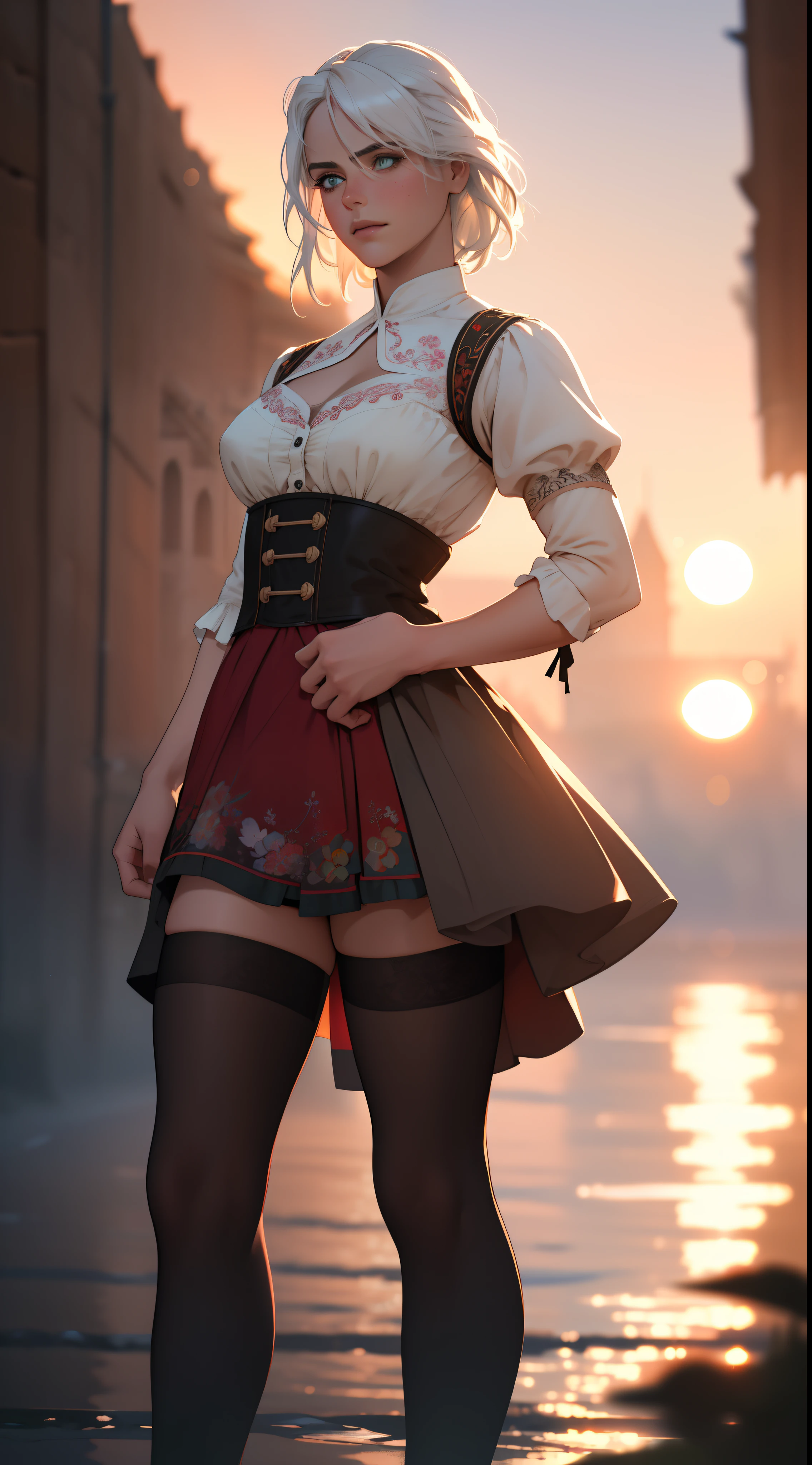 (masterpiece), (extremely intricate:1.3), (realistic), photo of ciri_w3, ciri_w3_outfit, 4k, highly detailed, the most beautiful in the world, white hair, (neon green eyes:0.6), full body, outdoors, far away castle, professional photograph of a stunning woman detailed, sharp focus, dramatic, award winning, cinematic lighting, volumetrics dtx, (film grain, blurry background, blurry foreground, bokeh, depth of field, sunset, motion blur:1.3), 4k, 8k, hd, hdr,