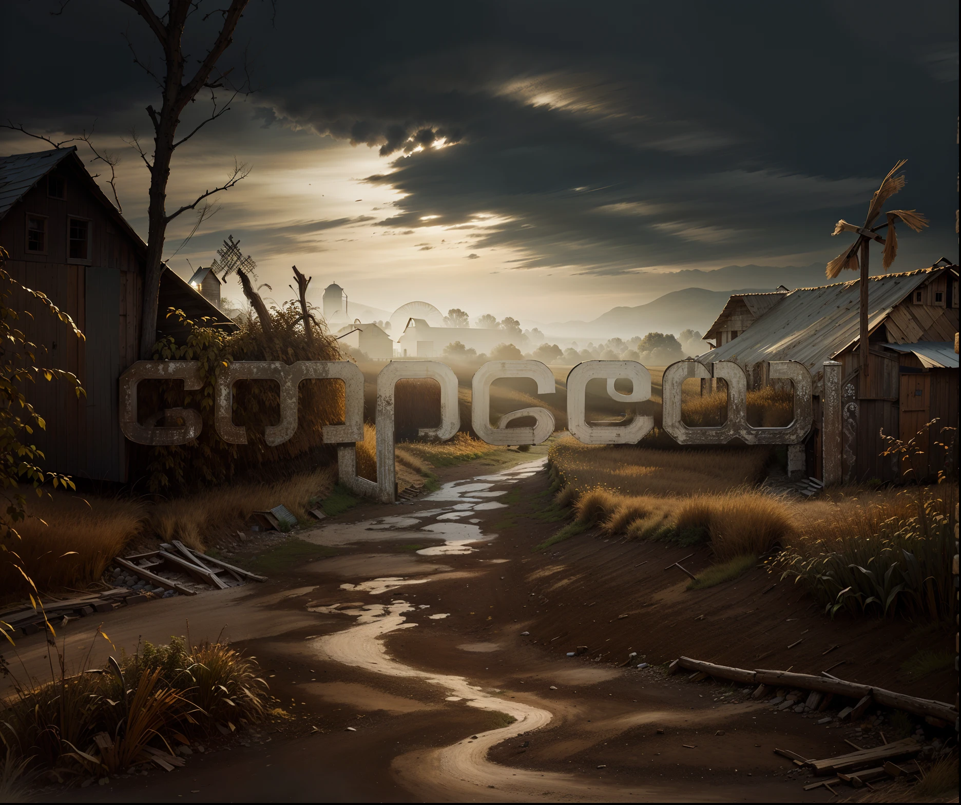 A dramatic aerial view of a winding dirt path leading to a rustic barn nestled in a vast cornfield, creating a hauntingly beautiful and ominous landscape.
