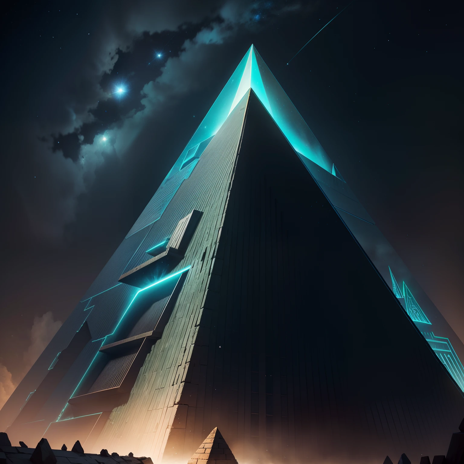 sci-fy,pyramid,The pyramid glowed blue-green between the gaps between the bricks,The background is dark night,There are tiny stars hanging in the sky