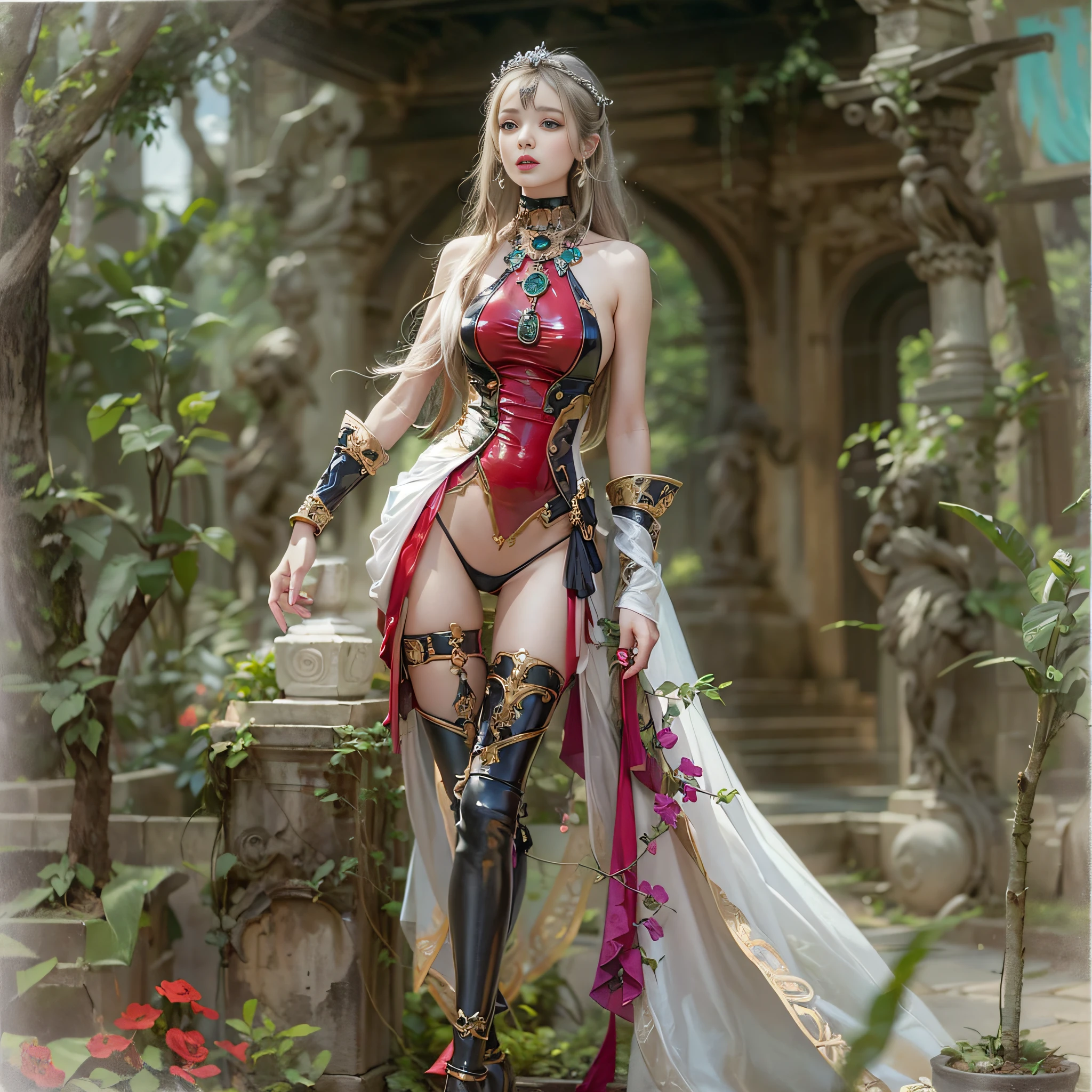 ((​masterpiece:1.4)、(top-quality:1.4)、(reallistic:1.7))、Beautiful girl strolling in the garden of fantastic ancient city、Sexy Daughter、Super beautiful girl、1girl in:1.4、Dress like a queen、Glossy luxury latex、Luxury Latex Bodysuit、By Luis Royo、age19、Super Ultra Ultra Bikini、Outstanding style、(Two legs are drawn correctly:1.7)、(Two arms:1.4)、anatomical correct、Slender Abs、(beauty legs:1.4)、beautiful countenance、kawaii faces、Beautiful ass、A detailed eye、beautidful eyes、Raw photo、red-lips、Red high heels、a choker、a necklace、耳Nipple Ring、Fantasy of an ancient city、Fantasy worldview