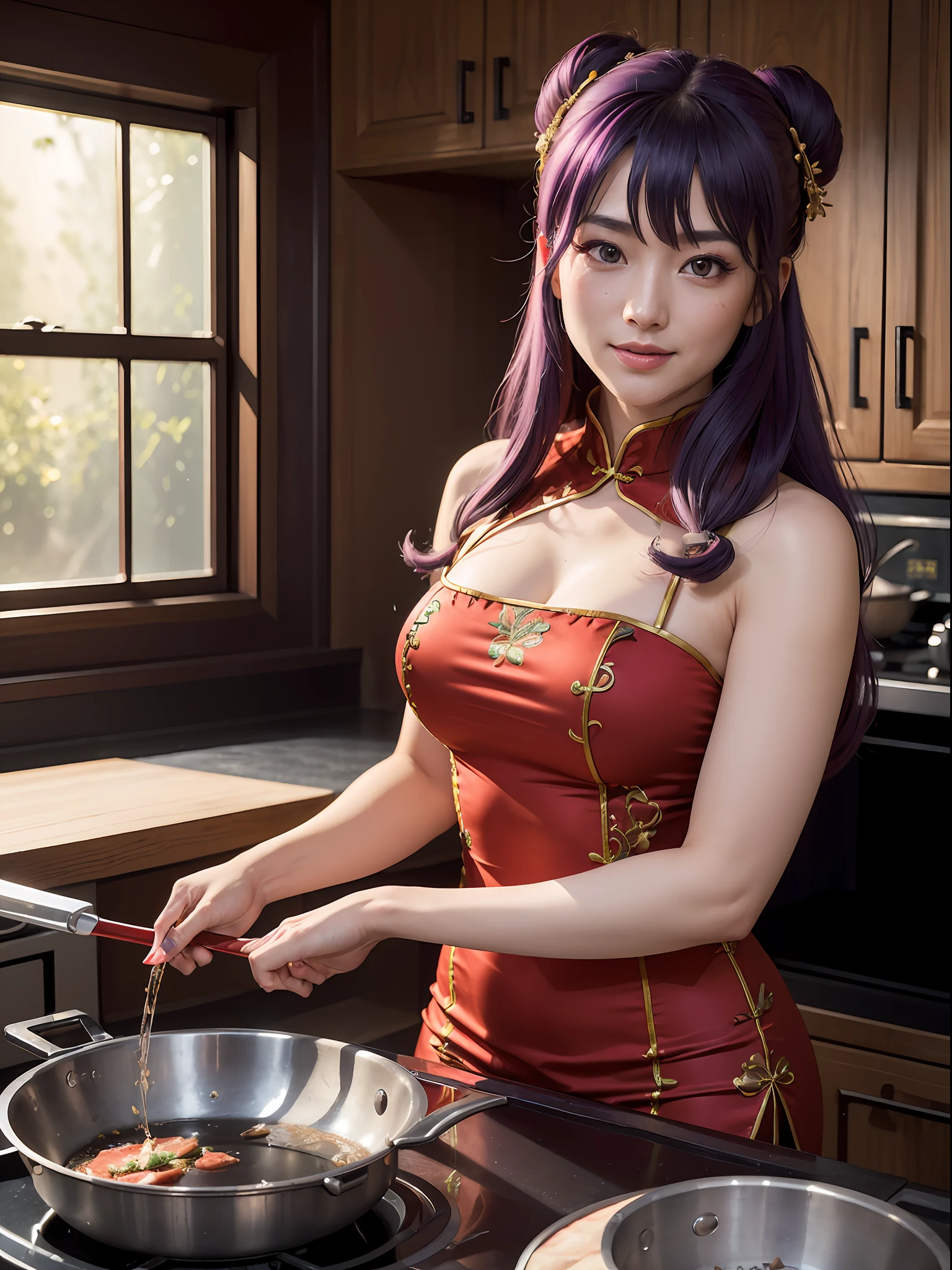 ((Masterpiece)), (high resolution:1.4), shampoowaifu, chinese dress, (red chinesse dress:1.5), (purple hair:1), (cooking an homelet on a friying pan:1.5), restaurant kitchen background, sexy smile, beautiful face, highly detailed skin, skin pores,(highly detailed face:1.1), (highly detailed eyes:1.1), realistic pupils, full face blush, full lips, (perfect anatomy:1.1), (perfect proportions:1.1), (photography:1.1), (photorealistic:1.1), volumetric lighting, dynamic lighting, real shadows, (highres:1.1), sharp focus, (realistic, hyperrealistic:1.4), intricate, high detail, dramatic, subsurface scattering, big depth of field, vivid, polished, sharpened, ((full Sharp)), (extremely absurdres),16k hdr,