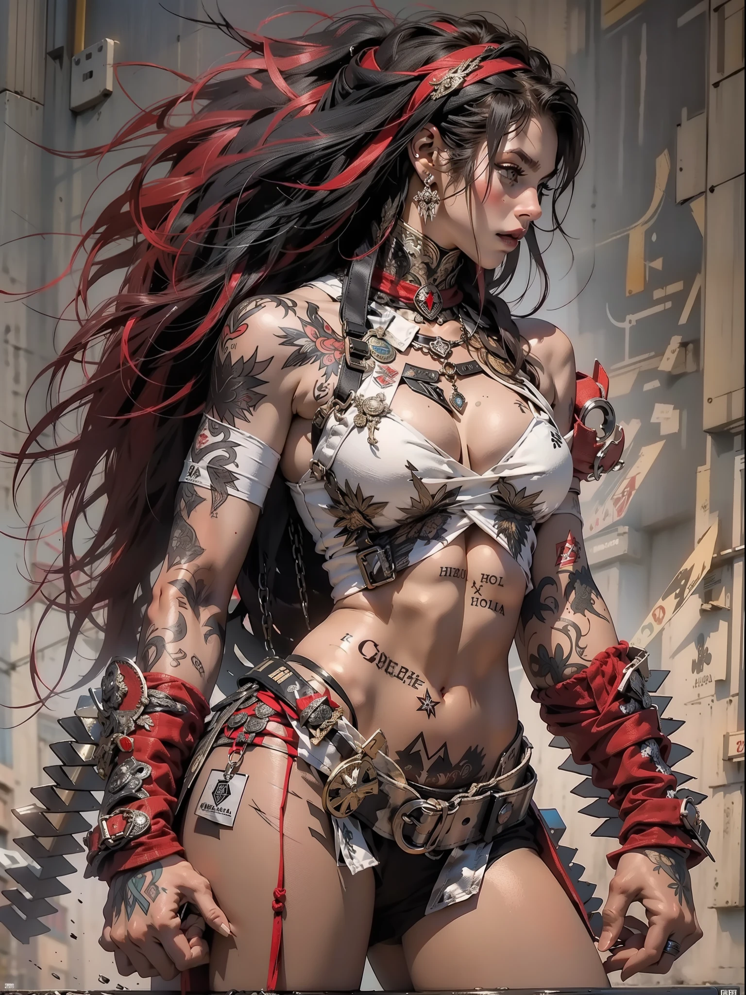 (((mulher))), (((melhor qualidade))), (((obra prima))), (((adulta))), Uma guerreira mulher de 35 anos com corpo perfeito, Brooklyn Gladiators, (( under boobs )), quase nua no estilo selvagem urbano de Simon Bisley para a capa da revista Heavy Metal, cabelo loiro, Minimum clothing, red and white checkered pattern, armadura, cheio de pontas e rebites, tatuagem tribal, (((do joelho pra cima))), cabelo desalinhado