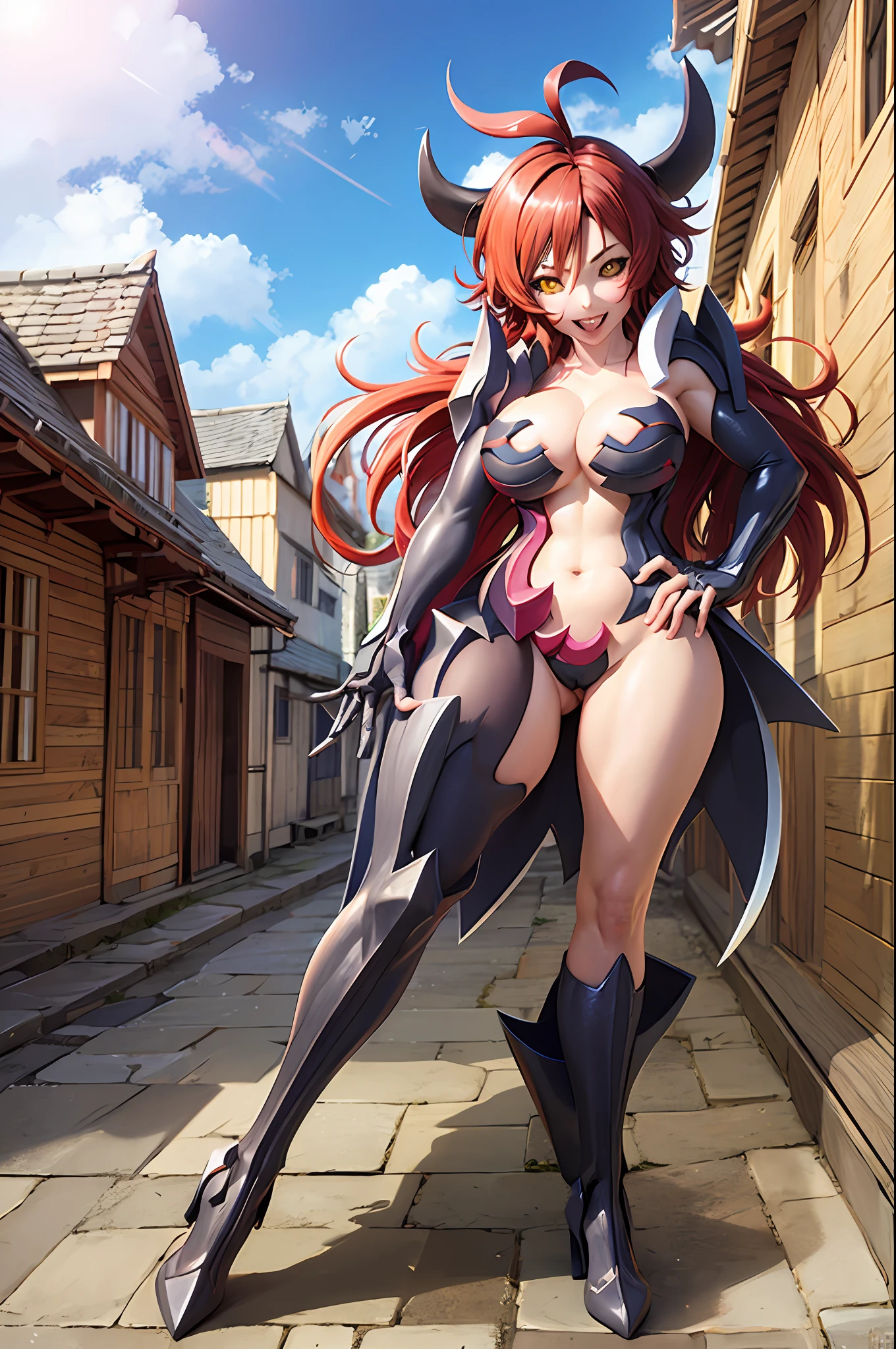 witch blade, long hair, red hair, yellow eyes, colored sclera, black sclera, bikini armor,amaha masane, walking, smile, medieval village