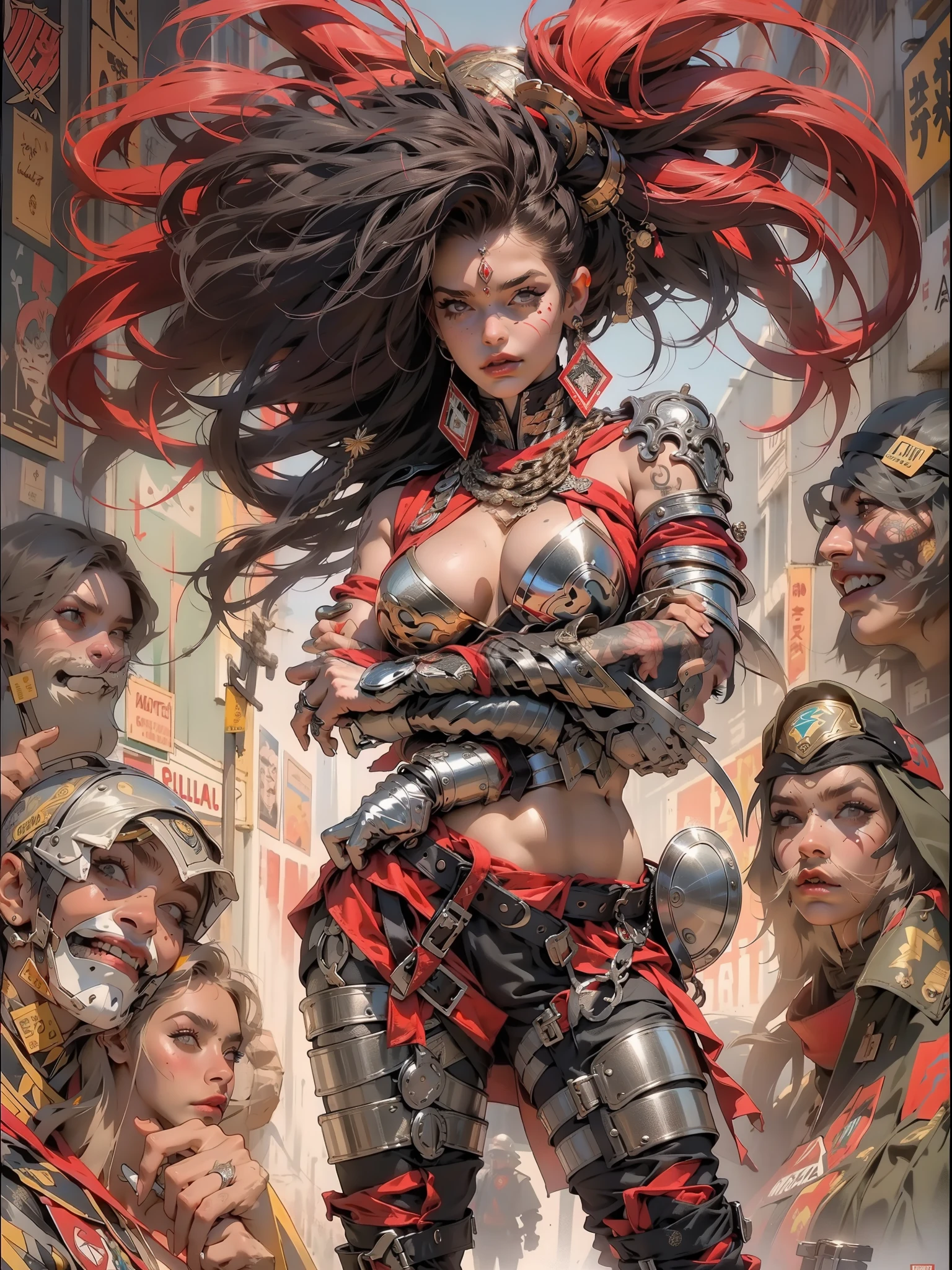 (((mulher))), (((melhor qualidade))), (((obra prima))), (((adulta))), Uma guerreira mulher de 35 anos com corpo perfeito, Brooklyn Gladiators, (( under boobs )), quase nua no estilo selvagem urbano de Simon Bisley para a capa da revista Heavy Metal, cabelo loiro, Minimum clothing, red and white checkered pattern, armadura, cheio de pontas e rebites, tatuagem tribal, (((do joelho pra cima))), cabelo desalinhado