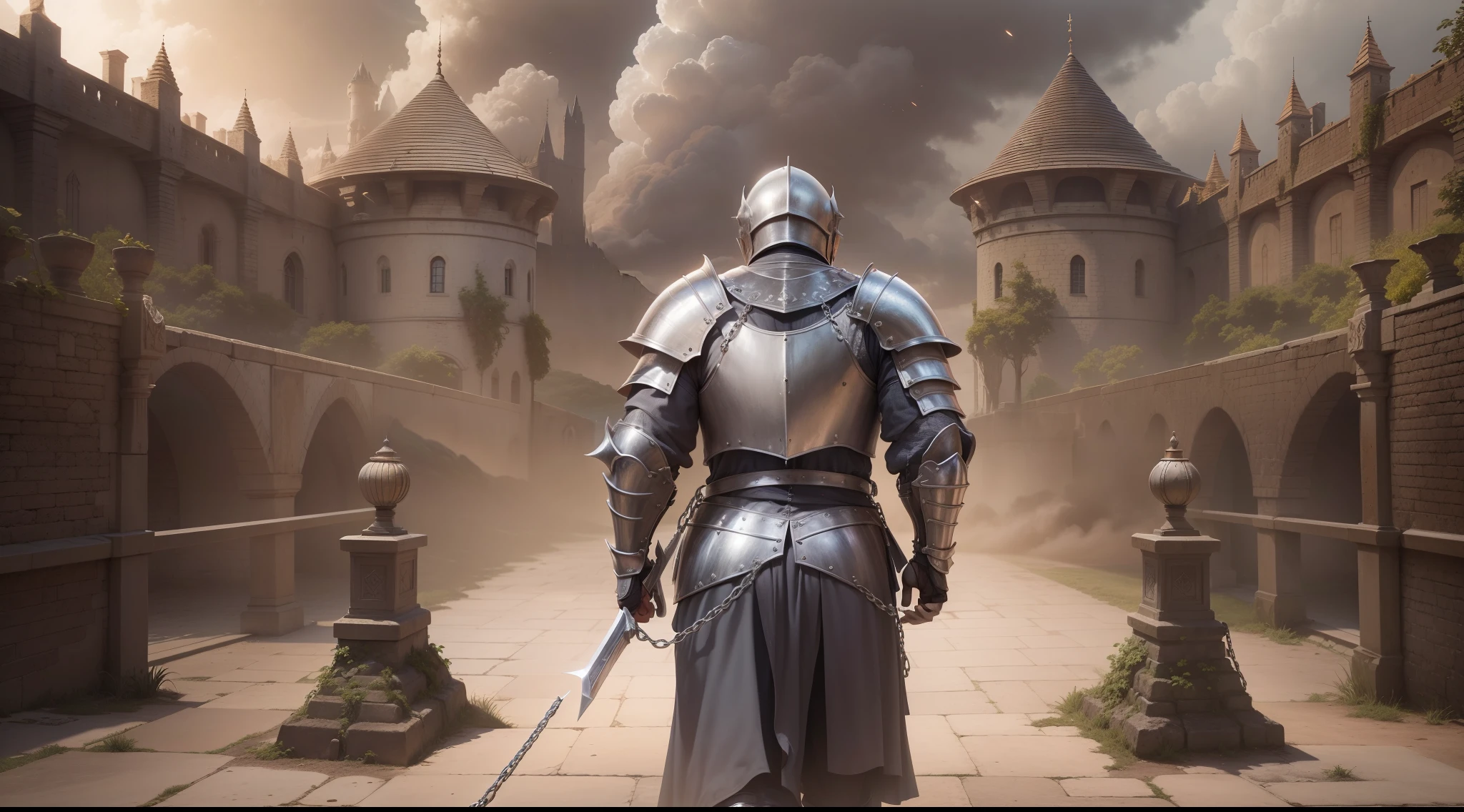 fotorrealista, obra-prima, cinematic  composition, fotografia geral de um (carrying medieval knight wearing a gray metal chain under a plate armor, gritando ferozmente, com escudo e espadas nas costas, With his back to Camêra, parado olhando um prado:1.3), (kicking a large dust and scattering clods of earth in its wake:1.3), (realista e detalhado|armadura intrincada, realista e detalhado|intricate grey metal chain mail:1.2), (musculatura fotorrealista, pele detalhada, textura da pele, pele natural), (High action composition), skin imperfections, rugas naturais da pele, (manchas naturais da pele:0.4), roupas altamente detalhadas, detalhes abundantes, detalhes intrincados, rugas realistas na roupa, paisagem de fantasia, clouded skies, castle in distance, Radiant lighting, sombras profundas, dramatic scene, paleta de cores escuras, paisagem detalhada, volumeric lighting, (Detailed lighting), reflexos de luz detalhados na armadura, 8k, altamente detalhado, UHD, HDR
