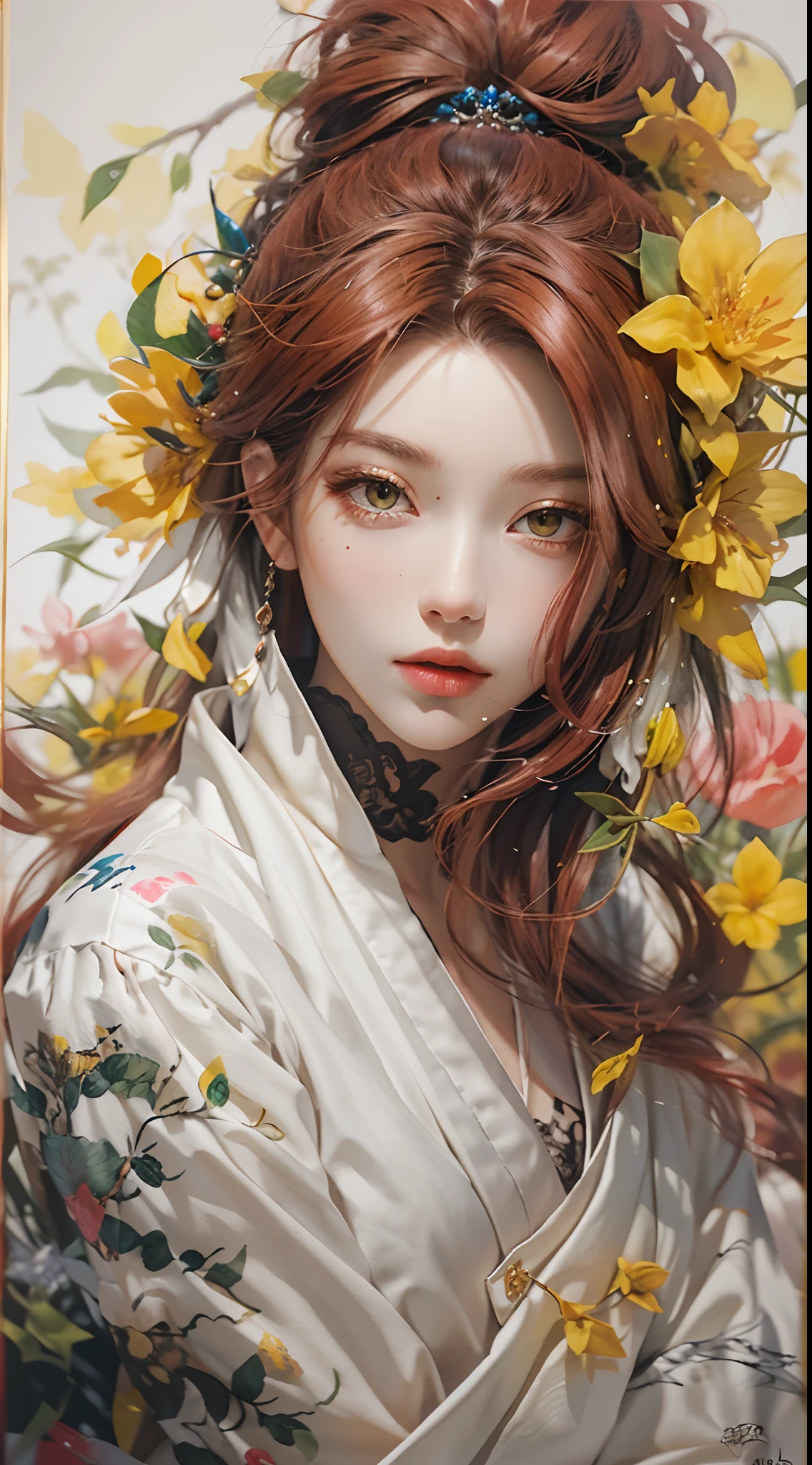 art board , painting a close up of a woman with dark red hair , woman has white long robe with black line on it, yellow eyes , beautiful fantastic kanzashi , beautiful character painting , epic exquisite character art, stunning character art, by Fan Qi , splashing ink , ink art , painting , edge of art faded with splashing ink (ultra detailed face) , (ultra detailed ink art)