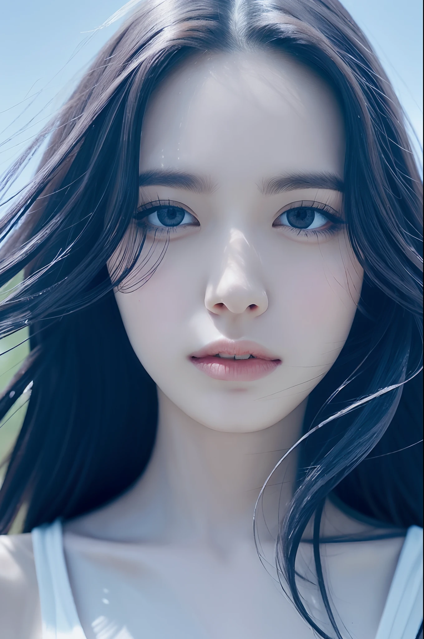 (Detailed and realistic portrait of pretty face girl)、(Shot outside with round eyes and long flapping hair)、Staring at the camera、magical photography、Dramatic lighting、Photographic realism、ultra-detailliert、
 Intimate portrait composition、(Center image composition)、(up close shot:1.6)、top-quality、f / 1。8、85 mm、
(28 year old Asian woman), black_hair,(black_eyes:1.2),(bangss),makeup,white_dress,
(Hazy blue_sky_background)、flowy hair