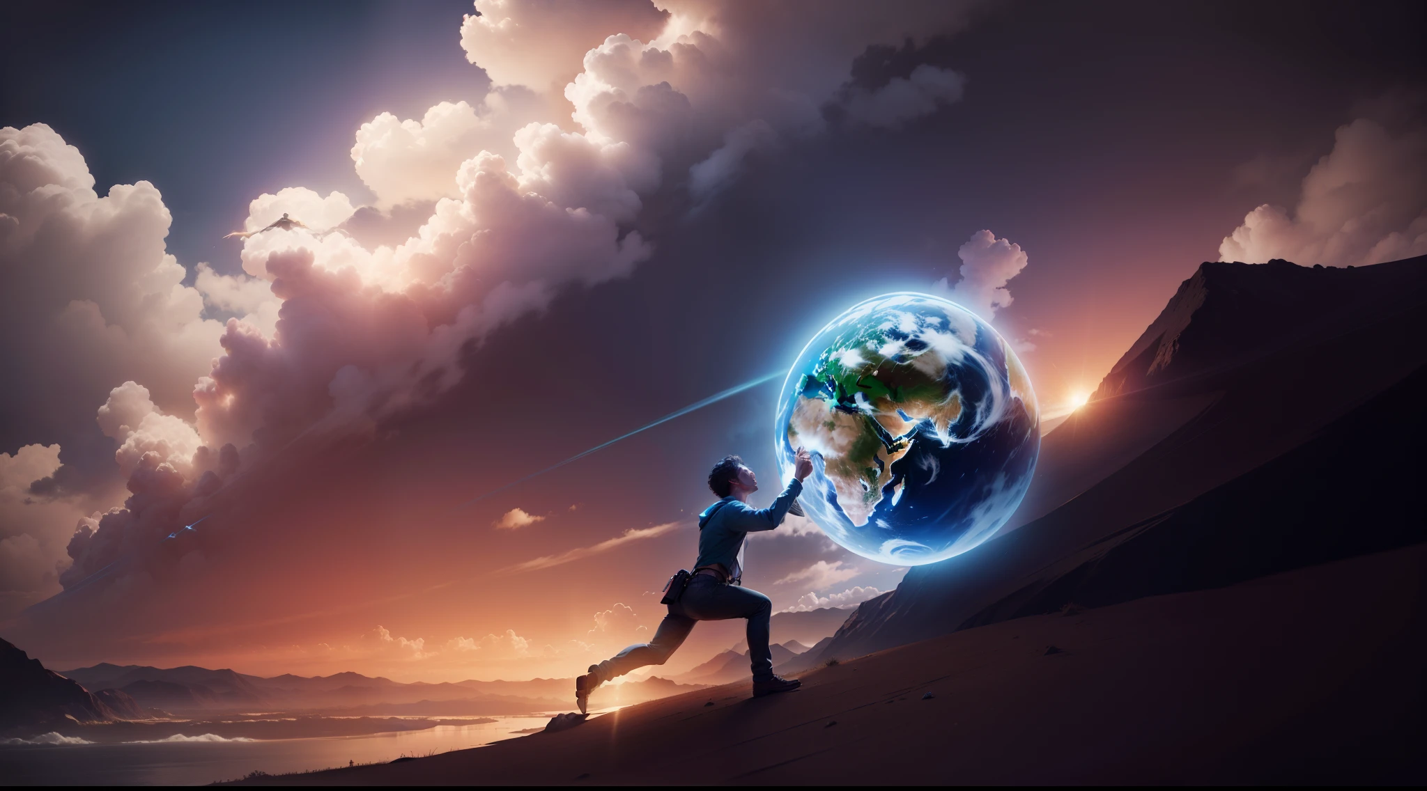 Homem empurrando mundo, estilo realista, 4k.