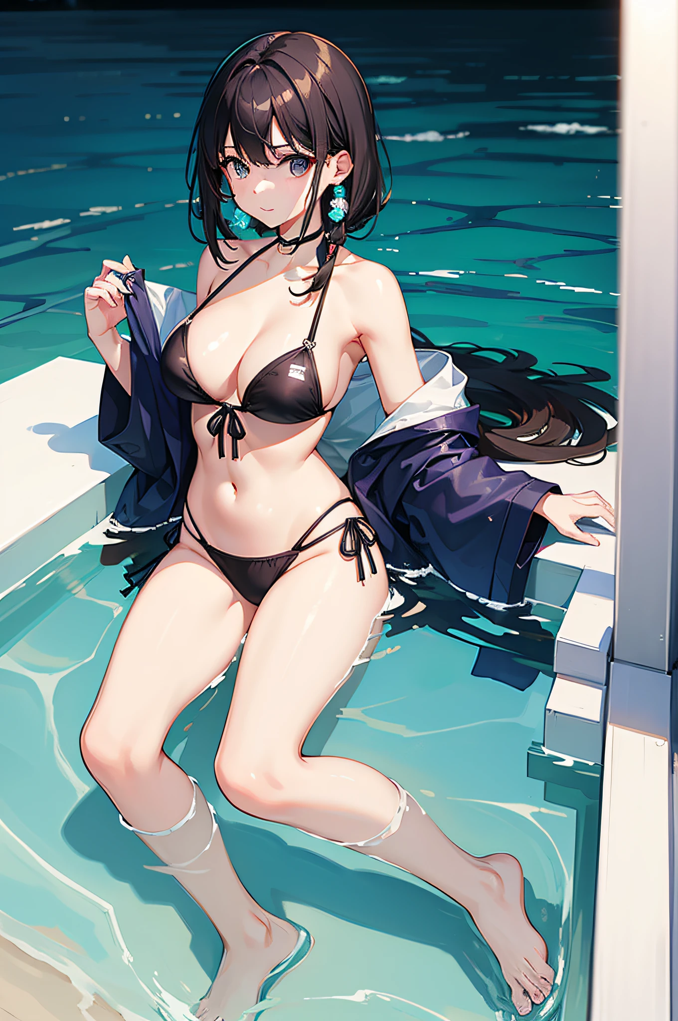 a beauty girl、japanes、A dark-haired、swim wears、pareo、swimming pools、hightquality