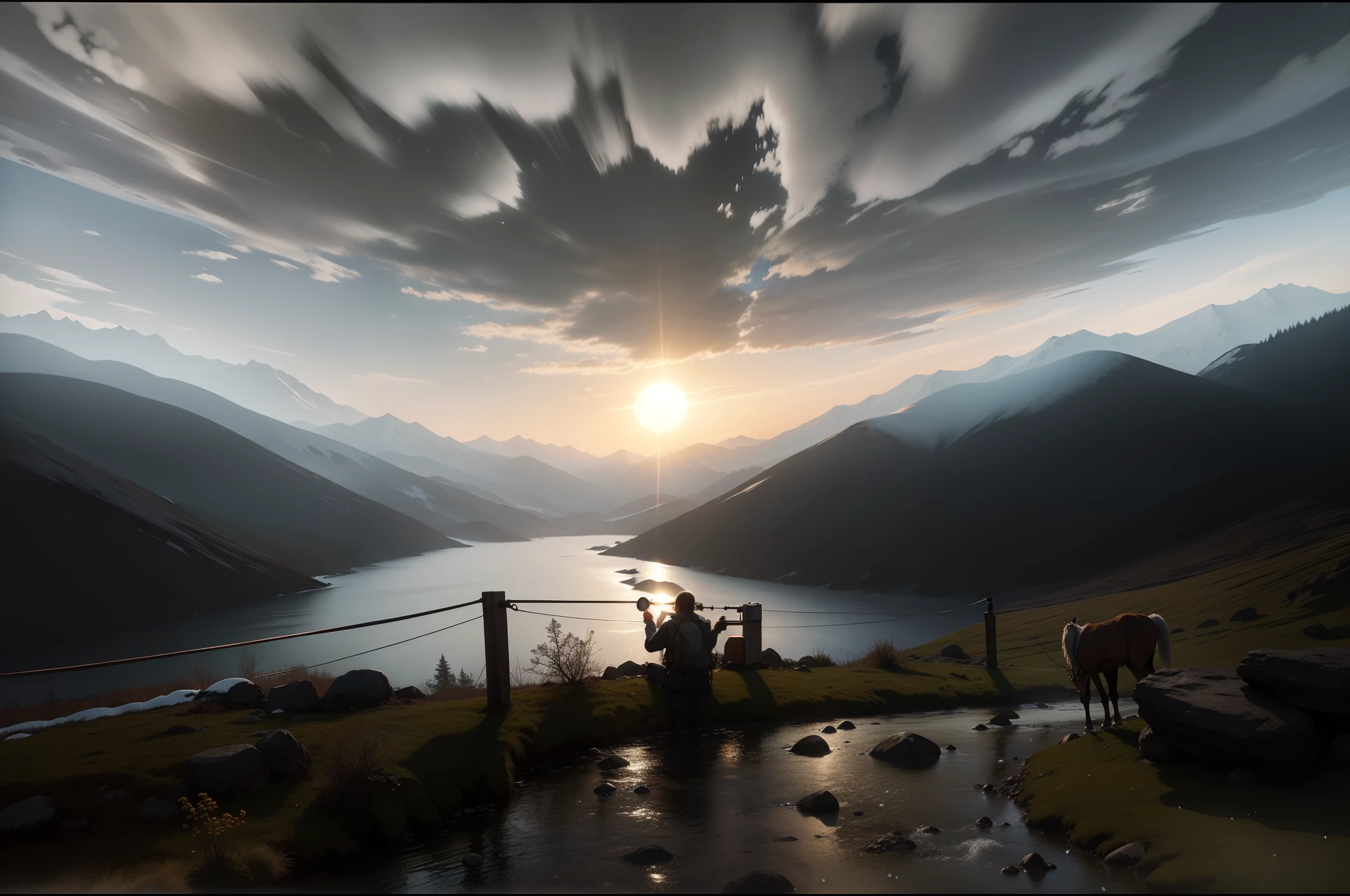 snow mountains、small stream、Big Sun、The climber holds a telescope and looks at the stream in the distance,The back is slightly smaller,Realiy,realisticlying,extreme picture quality