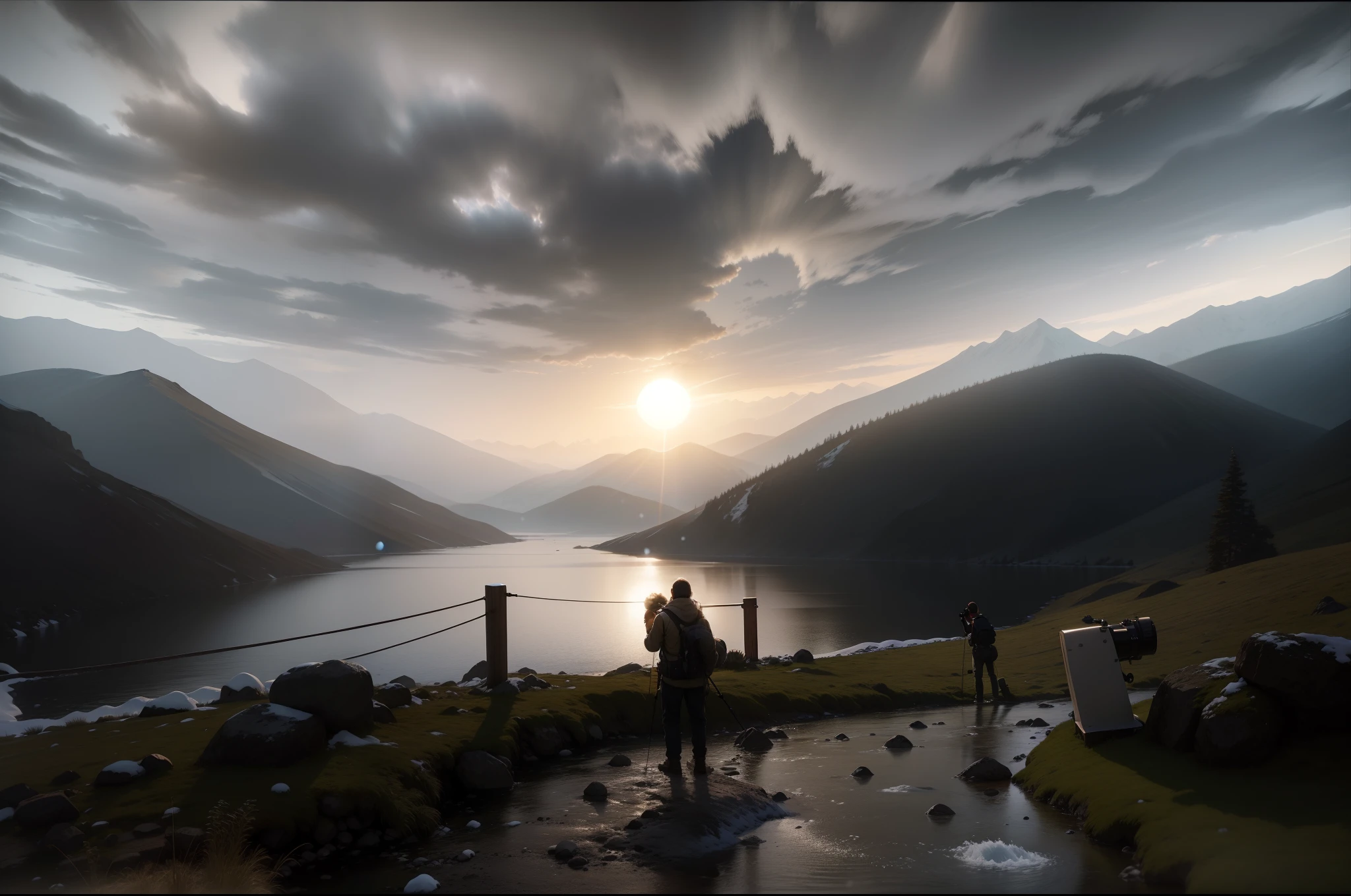 snow mountains、small stream、Big Sun、The climber holds a telescope and looks at the stream in the distance,The back is slightly smaller,Realiy,realisticlying,extreme picture quality