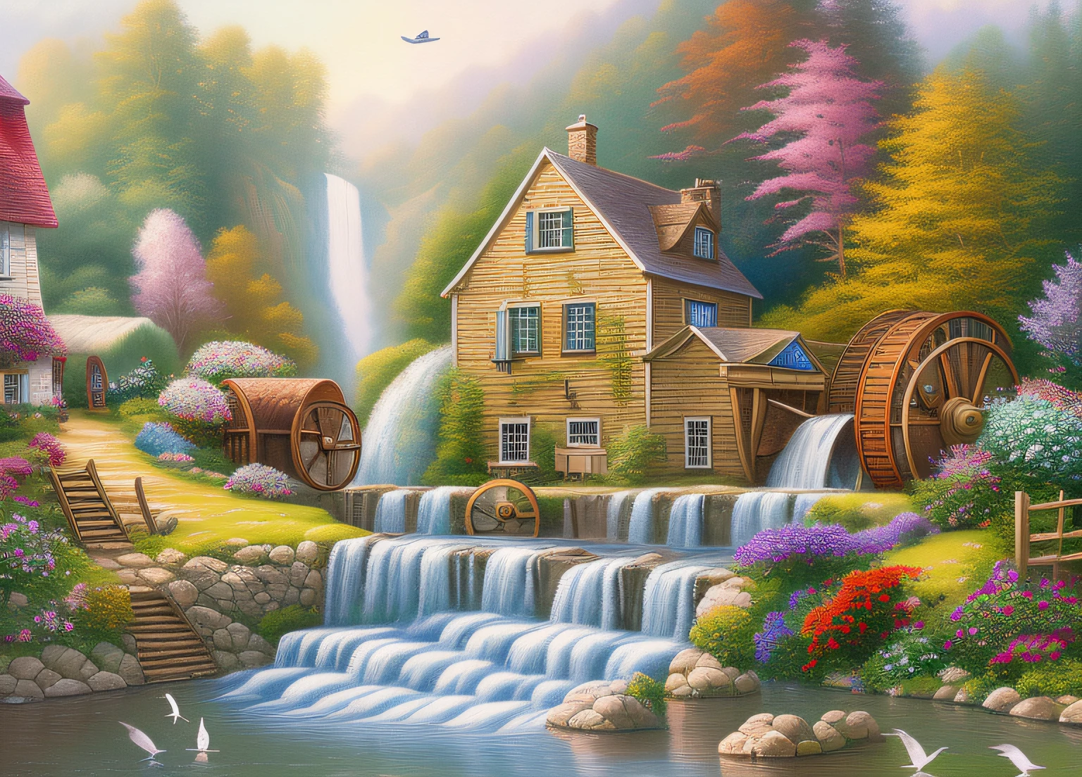 painting of a water mill with a waterfall and birds in the foreground, idyllic cottage, waterwheels, flowers and waterfalls, inspired by Thomas Kinkade, cottage in the forest, thomas kinkade style, water wheel, scenery art detailed, with waterfalls and river, with waterfalls, scenery artwork, in a serene landscape, serene scene, thomas kinkade style painting