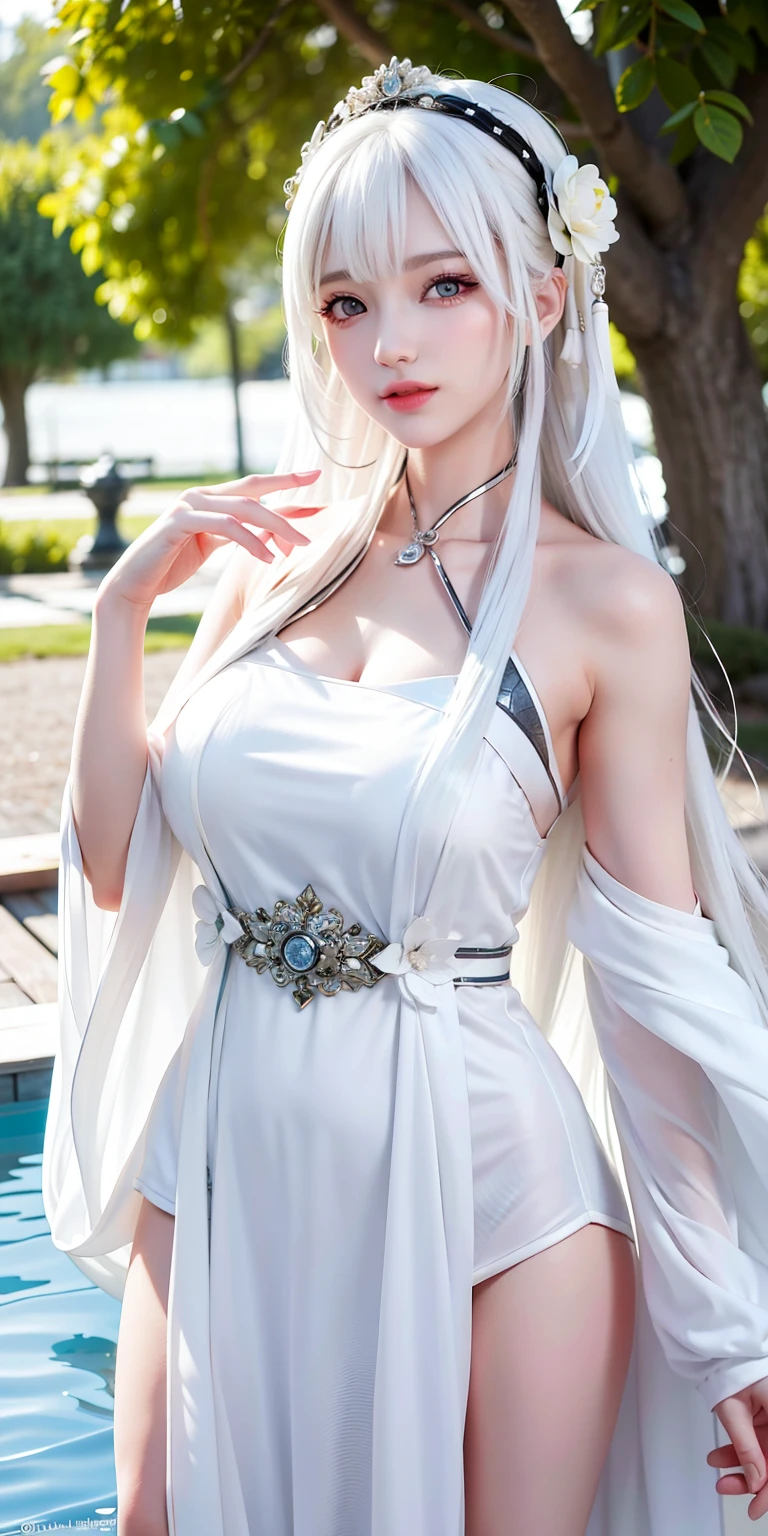Best Quality, Masterpiece, Ultra High Resolution, (Realisticity: 1.4), Original Photo, 1Girl, Film Lighting, Greek Square Style, Sunlight, Tyndall Effect, Elf Princess, Elf Long Ears, Silver Gradient Hair, Ice Blue Eyes, Big Cute Eyes, Extreme Light and Shadow, White Long Dress,