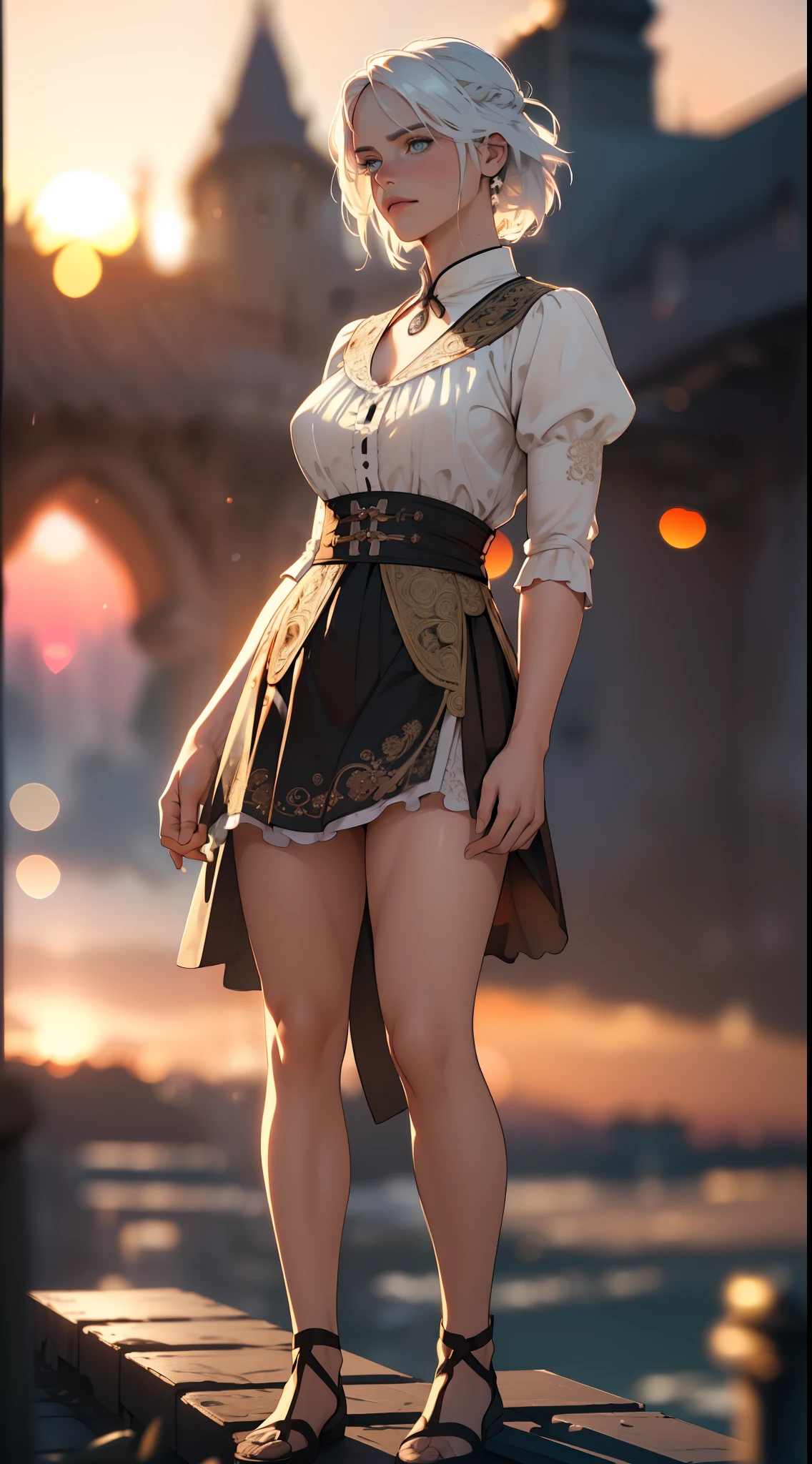 ((masterpiece), (extremely intricate:1.3), (realistic), photo of ciri_w3, ciri_w3_outfit, 4k, highly detailed, the most beautiful in the world, white hair, (neon green eyes:0.6), full body, outdoors, far away castle, professional photograph of a stunning woman detailed, sharp focus, dramatic, award winning, cinematic lighting, volumetrics dtx, (film grain, blurry background, blurry foreground, bokeh, depth of field, sunset, motion blur:1.3), 4k, 8k, hd, hdr,)