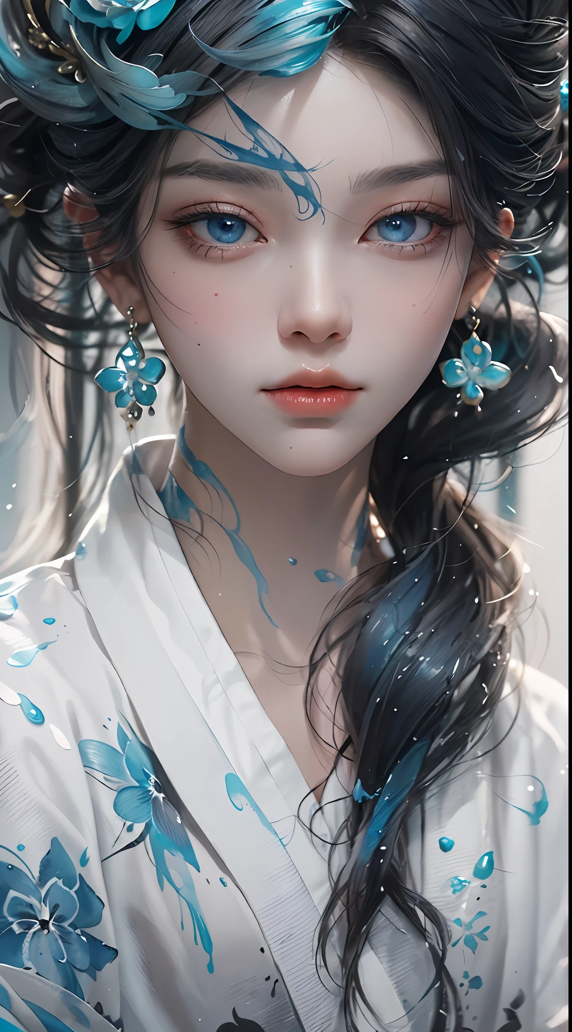 a close up of a woman with black hair , woman has white long robe with black line on it, blue eyes , beautiful fantastic kanzashi , beautiful character painting , epic exquisite character art, stunning character art, by Fan Qi , splashing ink , ink art , painting , edge of art faded with splashing ink (ultra detailed face) , (ultra detailed ink art)