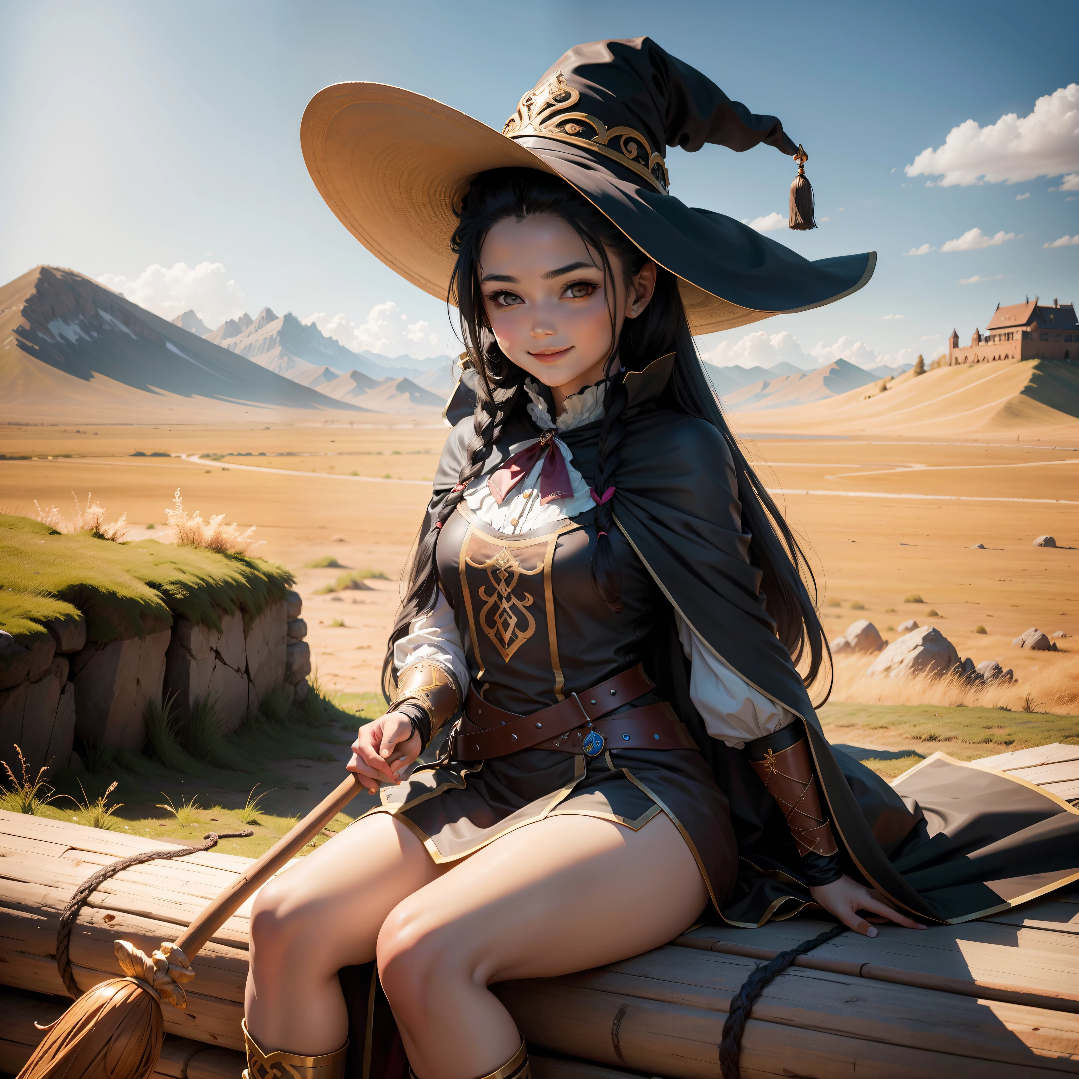 tmasterpiece,real human skin,Witch Irena,(1 girl),Anime characters,best qualtiy,On the steppe,sitted,cute smiling,eventide,Holding a wooden staff