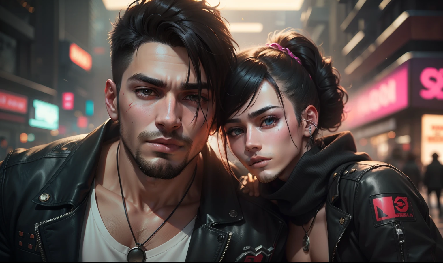 Change background cyberpunk handsome boy Cute girl . Realistic face