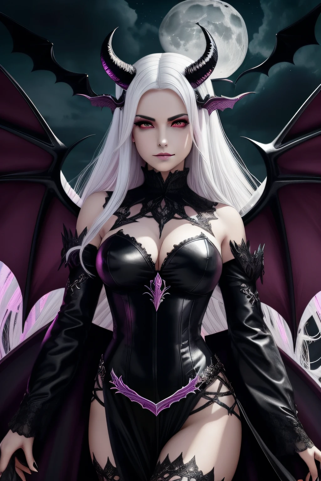 rainha succubus, queen, gotica, alta qualidade, horns, tail, dark demon wings, white hair, pink eyes, a luz do luar, fundo preto, lua, moon