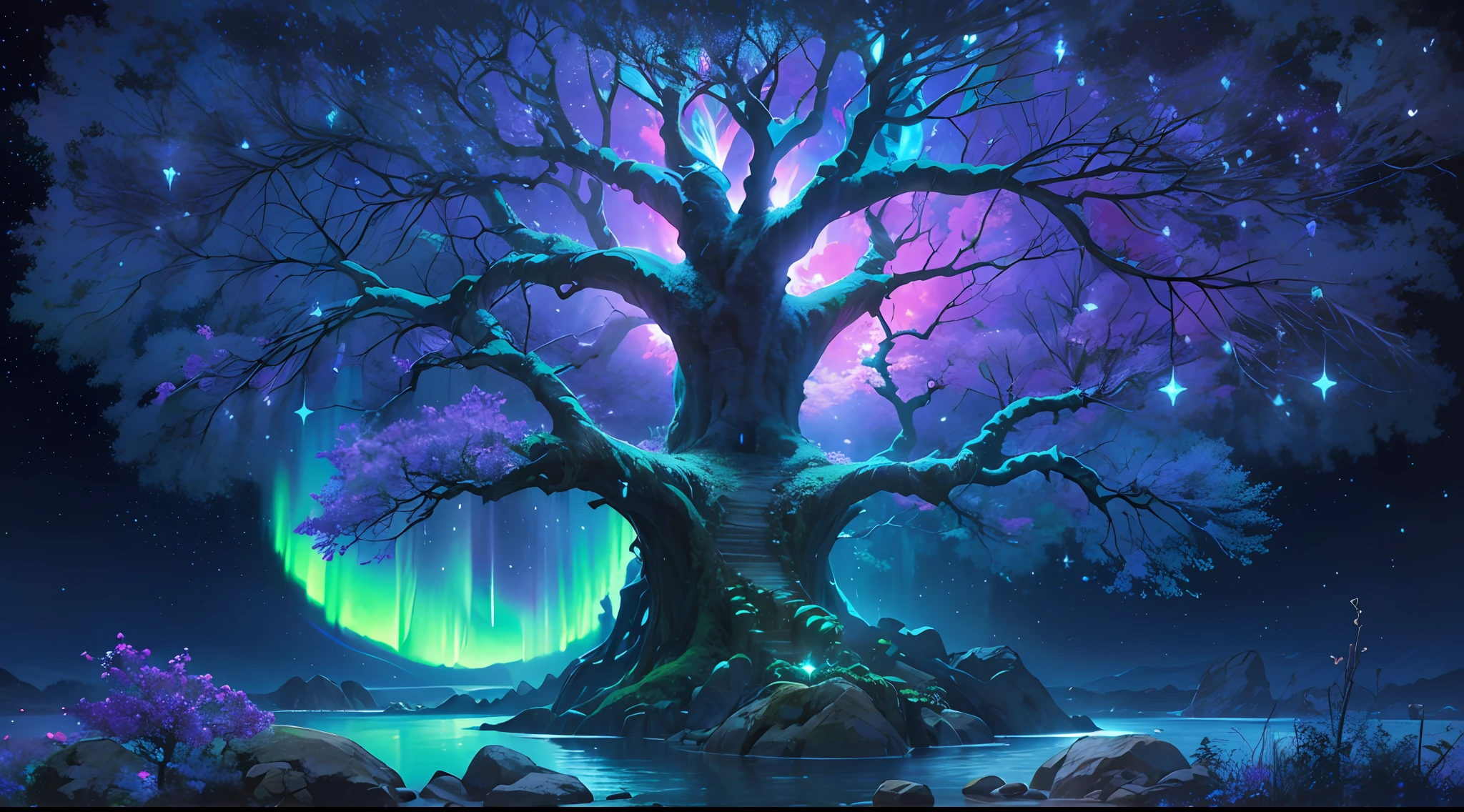 ultra detailed, beautiful and aesthetic, beautiful, masterpiece , mystery , atmospheric , fantastic , supernatural , best quality, dark cloudy night , 1 tree , very huge and very tall ancient fantasy tree , 1 huge blue glowing tree , tree splitting cloudy sky and moonlight beam coming down , flower field , few stone and cliff , shining tree , fantasy glowing bird around it , tree gathering blue glowing magic , blue shining river passes , river emitting blue magic , river make waterfall , fantasy aurora , (ultra detailed scene) , (ultra detailed tree) , (ultra detailed moonlight beam) , (ultra detailed glowing river) , (ultra detailed waterfall) , (ultra detailed aurora)