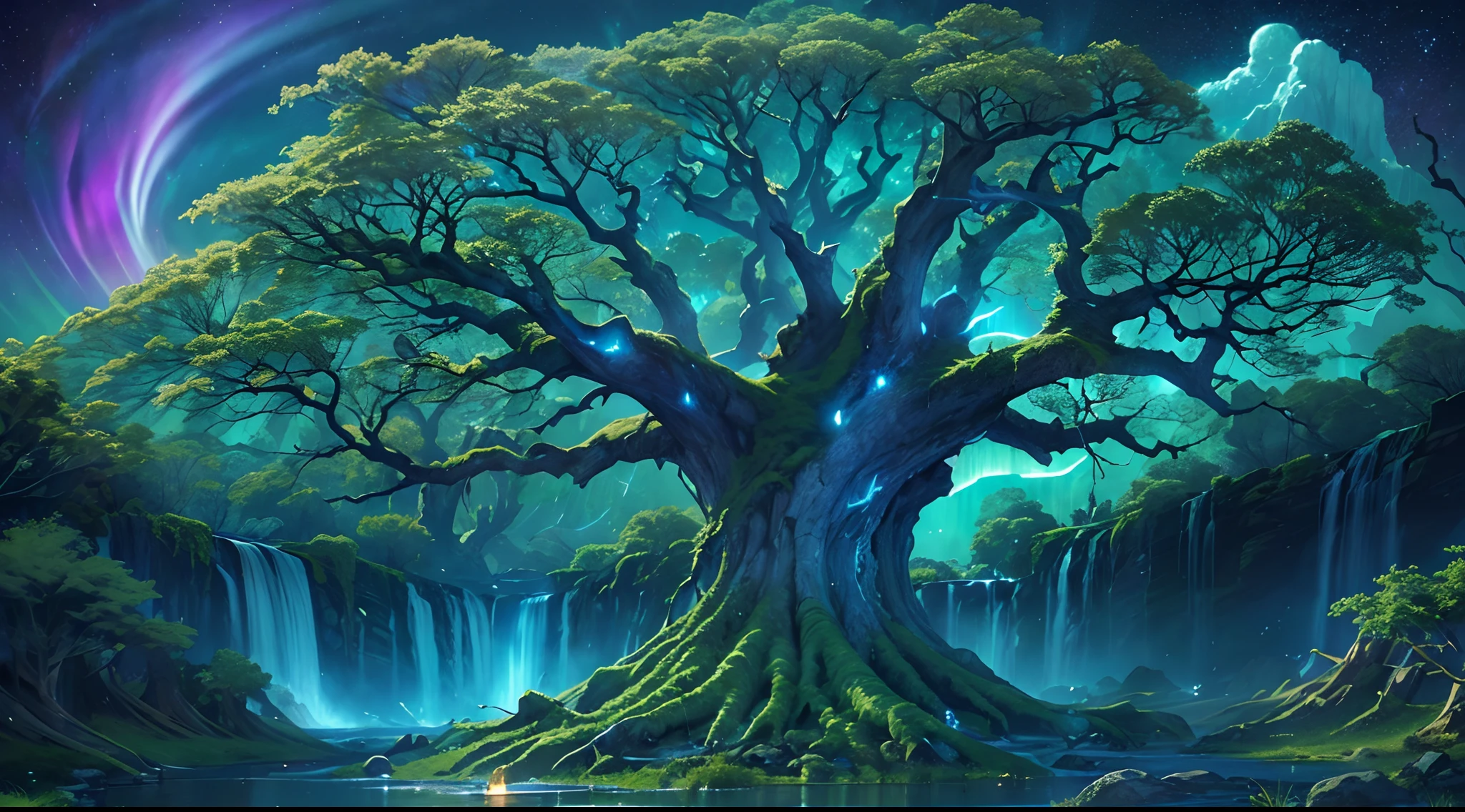 ultra detailed, beautiful and aesthetic, beautiful, masterpiece , mystery , atmospheric , fantastic , supernatural , best quality, dark cloudy night , 1 tree , very huge and very tall ancient fantasy tree , 1 huge blue glowing tree , tree splitting cloudy sky and moonlight beam coming down , flower field , few stone and cliff , shining tree , fantasy glowing bird around it , tree gathering blue glowing magic , blue shining river passes , river emitting blue magic , river make waterfall , fantasy aurora , (ultra detailed scene) , (ultra detailed tree) , (ultra detailed moonlight beam) , (ultra detailed glowing river) , (ultra detailed waterfall) , (ultra detailed aurora)