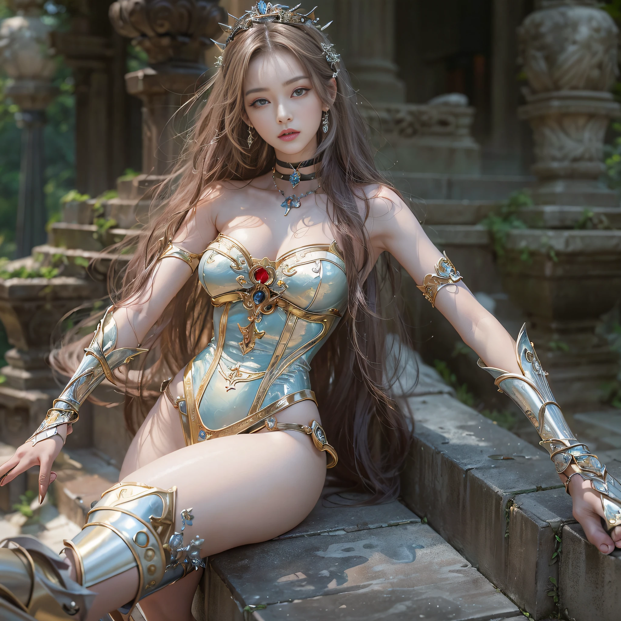 ((​masterpiece:1.4)、(top-quality:1.4)、(reallistic:1.7))、Beautiful girl strolling in the garden of fantastic ancient city、Sexy Daughter、Super beautiful girl、1girl in:1.4、Dress like a queen、Glossy luxury latex、Luxury Latex Bodysuit、By Luis Royo、age19、Super Ultra Ultra Bikini、Outstanding style、(Two legs are drawn correctly:1.7)、(Two arms:1.4)、anatomical correct、Slender Abs、(beauty legs:1.4)、beautiful countenance、kawaii faces、Beautiful ass、A detailed eye、beautidful eyes、Raw photo、red-lips、Red high heels、a choker、a necklace、耳Nipple Ring、Fantasy of an ancient city、Fantasy worldview