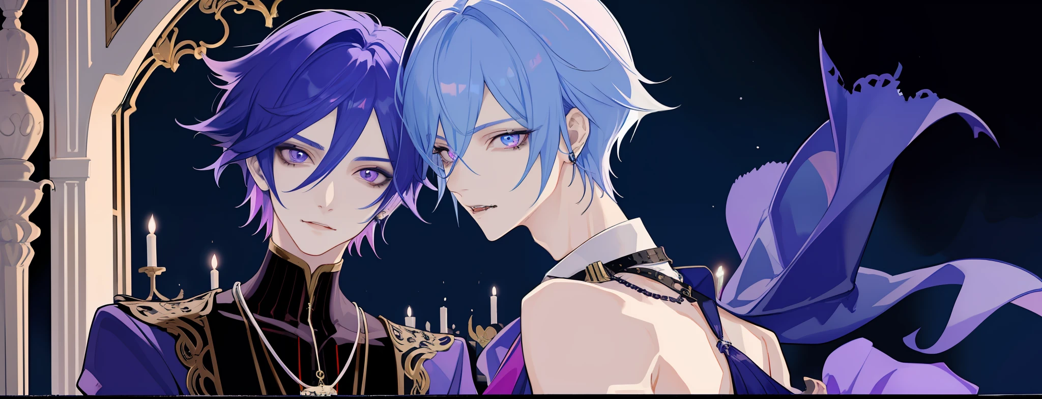 ​masterpiece, top-quality, 2Others, Male couple, 1 man and 1,, Adults, Height difference, different fashion, different color, finely eye and detailed face, intricate detailes, Casual clothing, Oversized shirt, Modern urban streets, Hands on back, A smile, Happiness, tenderness, queers, high-level image quality、 Two beautiful men、tall、hug from behind、Trying to kiss、window、nightfall、nighttime scene、𝓡𝓸𝓶𝓪𝓷𝓽𝓲𝓬、Korean Male, Idol Photos, k pop, Professional Photos, Vampires, Korean fashion in black and white, Fedoman with necklace, inspired by Sim Sa-jeong, androgynous vampire, :9 detailed face: 8, extra detailed face, detailed punk hair, ((Eyes are brown)) baggy eyes, Seductive. Highly detailed, semi realistic anime, Vampires, hyperrealistic teen, delicate androgynous prince, imvu, short hair above the ears, Man with short hair, Purple-haired man with a glaring expression and a man with light blue hair with a gentle expression, With a short-haired man with bright purple hair, Man with light blue hair