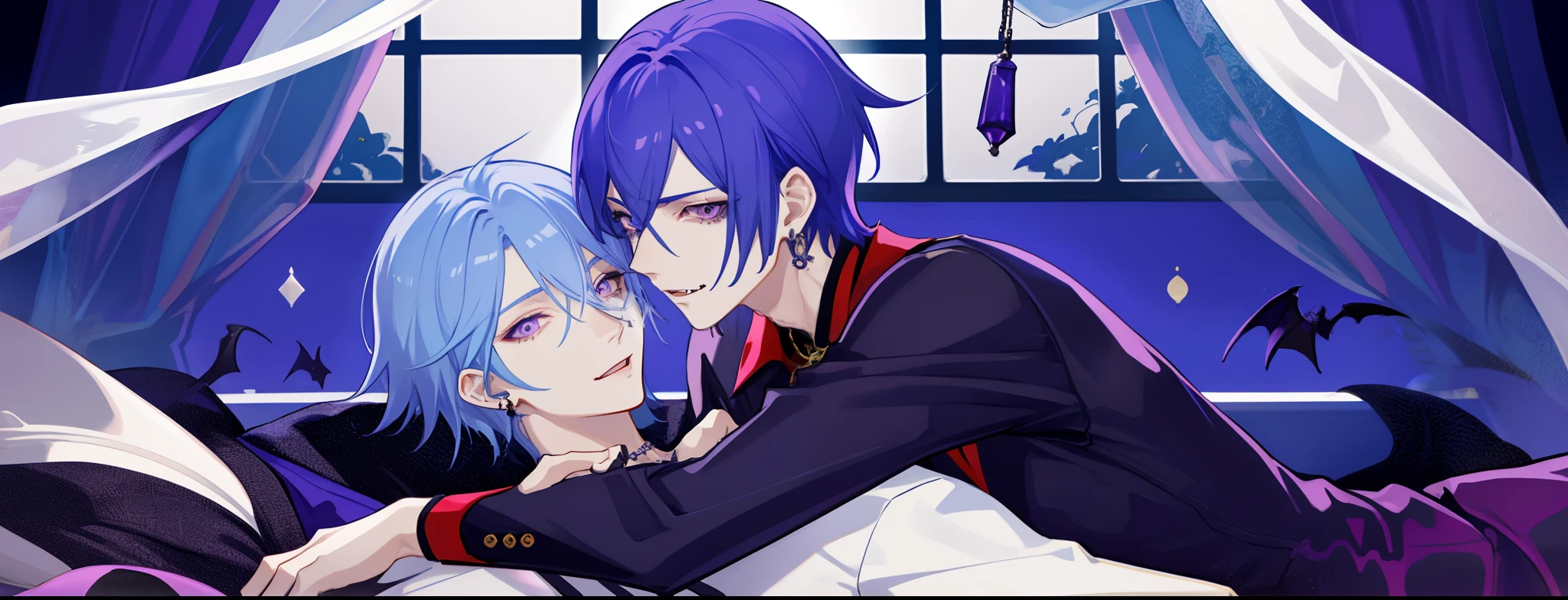 ​masterpiece, top-quality, 2Others, Male couple, 1 man and 1,, Adults, Height difference, different fashion, different color, finely eye and detailed face, intricate detailes, Casual clothing, Oversized shirt, Modern urban streets, Hands on back, A smile, Happiness, tenderness, queers, high-level image quality、 Two beautiful men、tall、hug from behind、Trying to kiss、window、nightfall、nighttime scene、𝓡𝓸𝓶𝓪𝓷𝓽𝓲𝓬、Korean Male, Idol Photos, k pop, Professional Photos, Vampires, Korean fashion in black and white, Fedoman with necklace, inspired by Sim Sa-jeong, androgynous vampire, :9 detailed face: 8, extra detailed face, detailed punk hair, ((Eyes are brown)) baggy eyes, Seductive. Highly detailed, semi realistic anime, Vampires, hyperrealistic teen, delicate androgynous prince, imvu, short hair above the ears, Man with short hair, Purple-haired man with a glaring expression and a man with light blue hair with a gentle expression, With a short-haired man with bright purple hair, Man with light blue hair