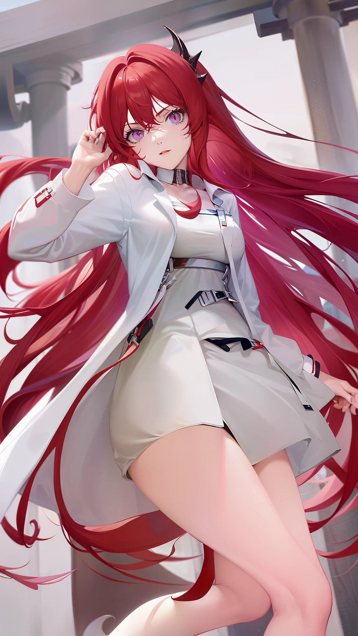 mulher, 24 anos, alta, cabelo vermelho, medica, apocalipse zumb, CIDADE, corpo inteiro, usando um uniforme branco de medica, wearing slacks