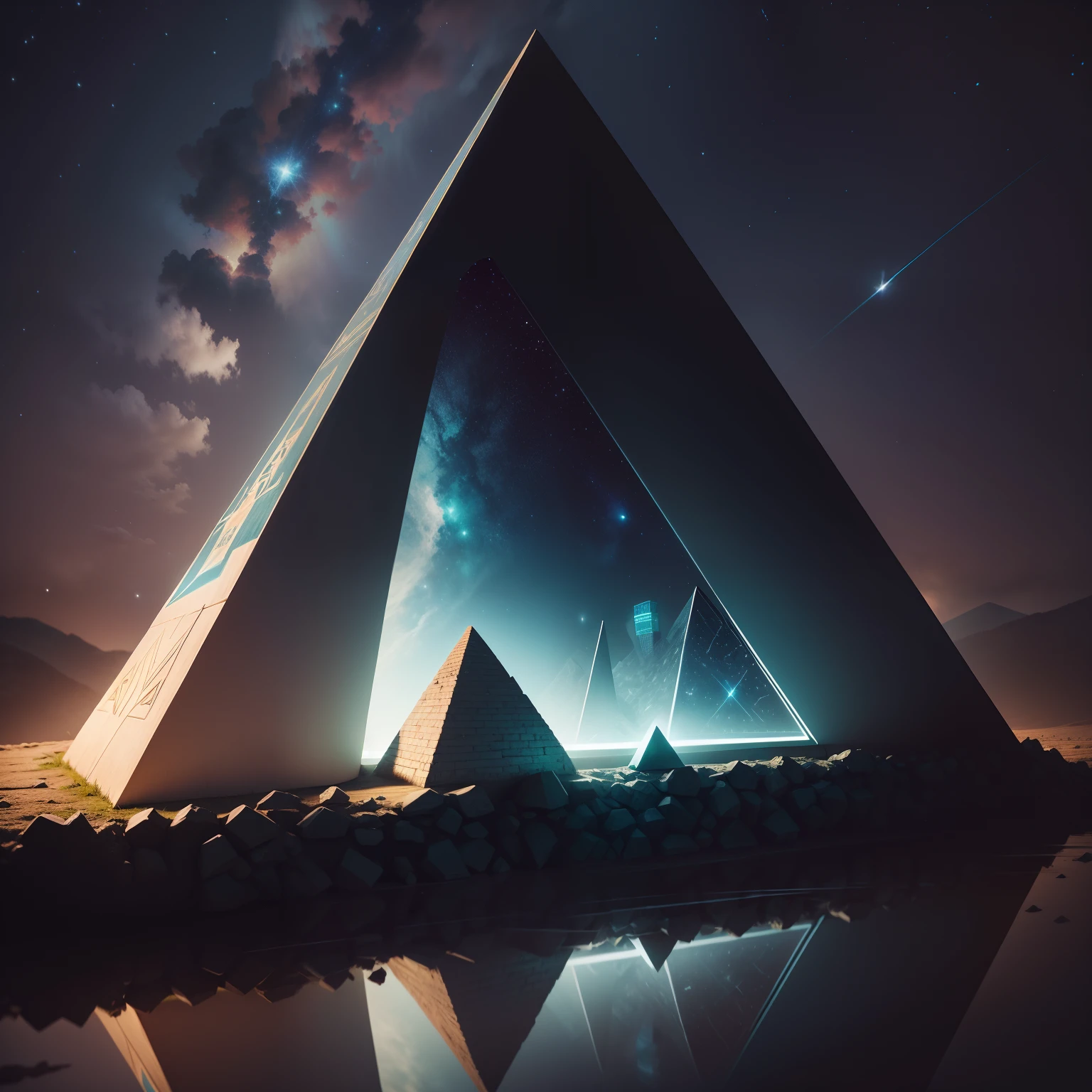 sci-fy,pyramid,The pyramid emits a blue-green glow between the gaps between the bricks,The background is night,There is a small star hanging in the sky,photorealestic