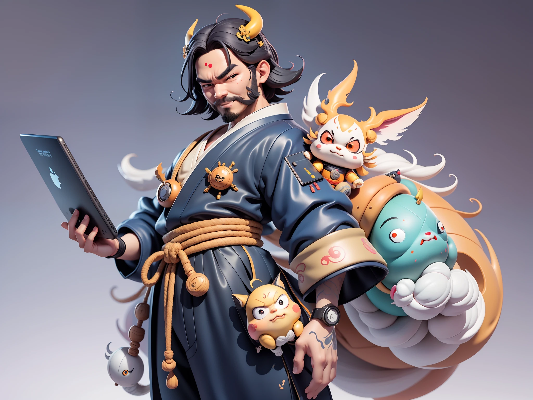 (Daisaku),(Need),(Super meticulous),(full bodyesbian:1.2),Japanese ukiyo-e girl,japanese geisha,Beautiful,Oriental dragon,Aeolian Thor,Raised sexy,爆乳,Oriental face,TV Anchor,Bust portrait illustration,Alone,In black suit,a blue tie,The face is slightly chubby,The face was clean,without a beard,Black super short hair,Black eyes,Smile confidently,3C computer sub-products,iPad, iphone,Digital painting,3D character design by Mark Clairen and Pixar and Hayao Miyazaki and Akira Toriyama,The illustration is a high-definition illustration in 4K resolution,With very detailed facial features and cartoon-style visuals。