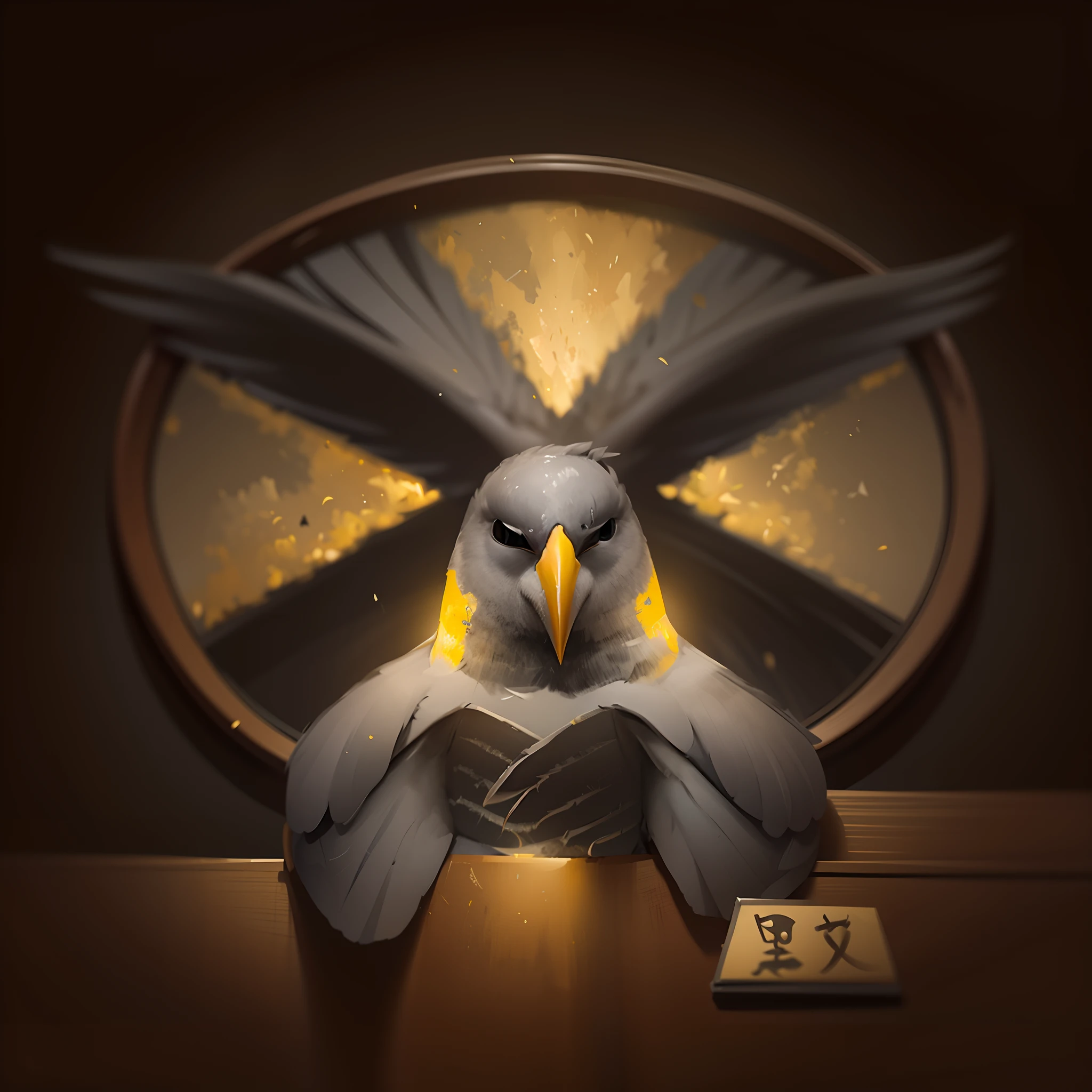 Draw a gray pigeon with a yellow beak sitting on a dark brown table in the dark，Wings crossed on the table，Behind it is an oval glass window。