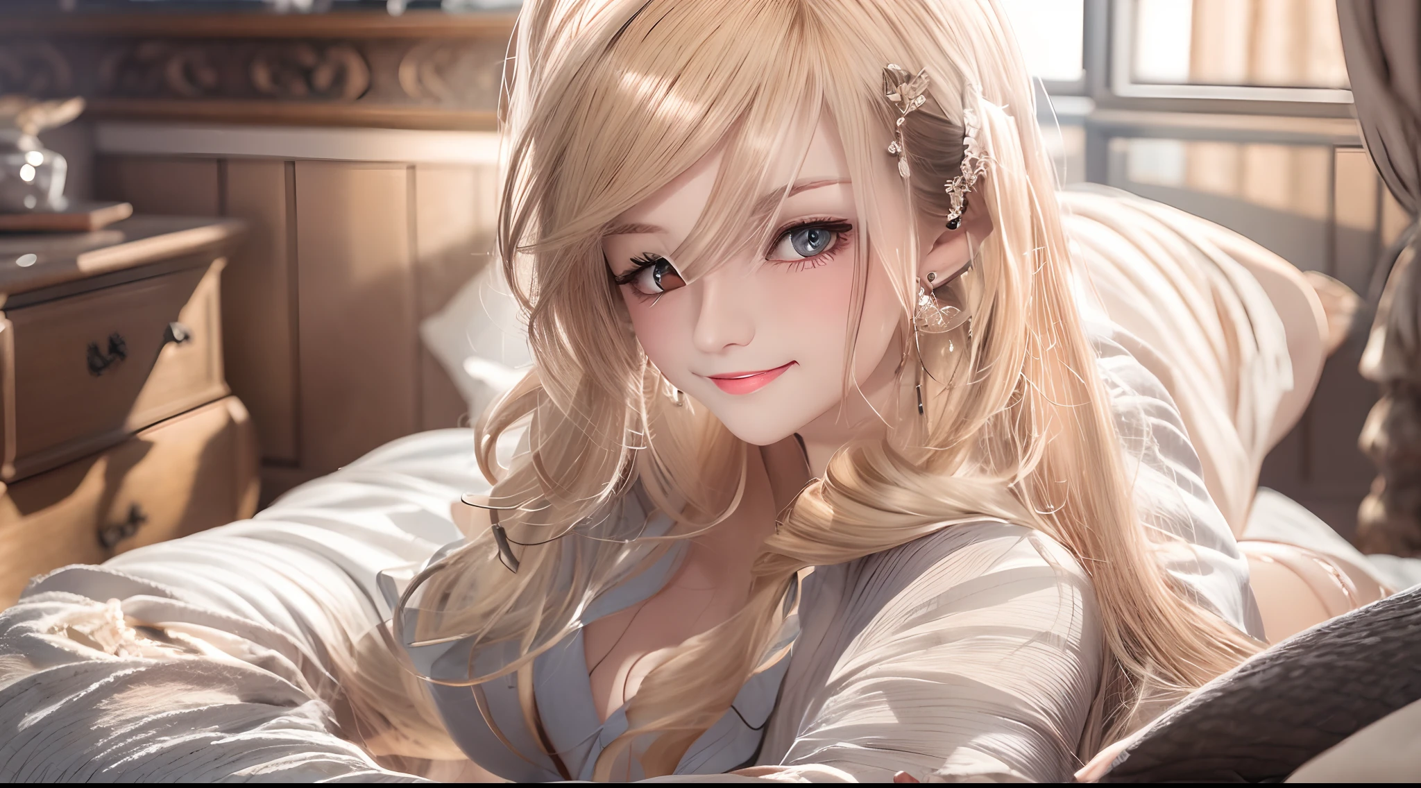 Shiny blonde hair，Heterochromic pupils，seduct smile，Seductive expressions，Generous pajamas，Lie down in bed，inside in room，First-person perspective，Cinematic lighting effects，16k，best qualtiy，Textured skin