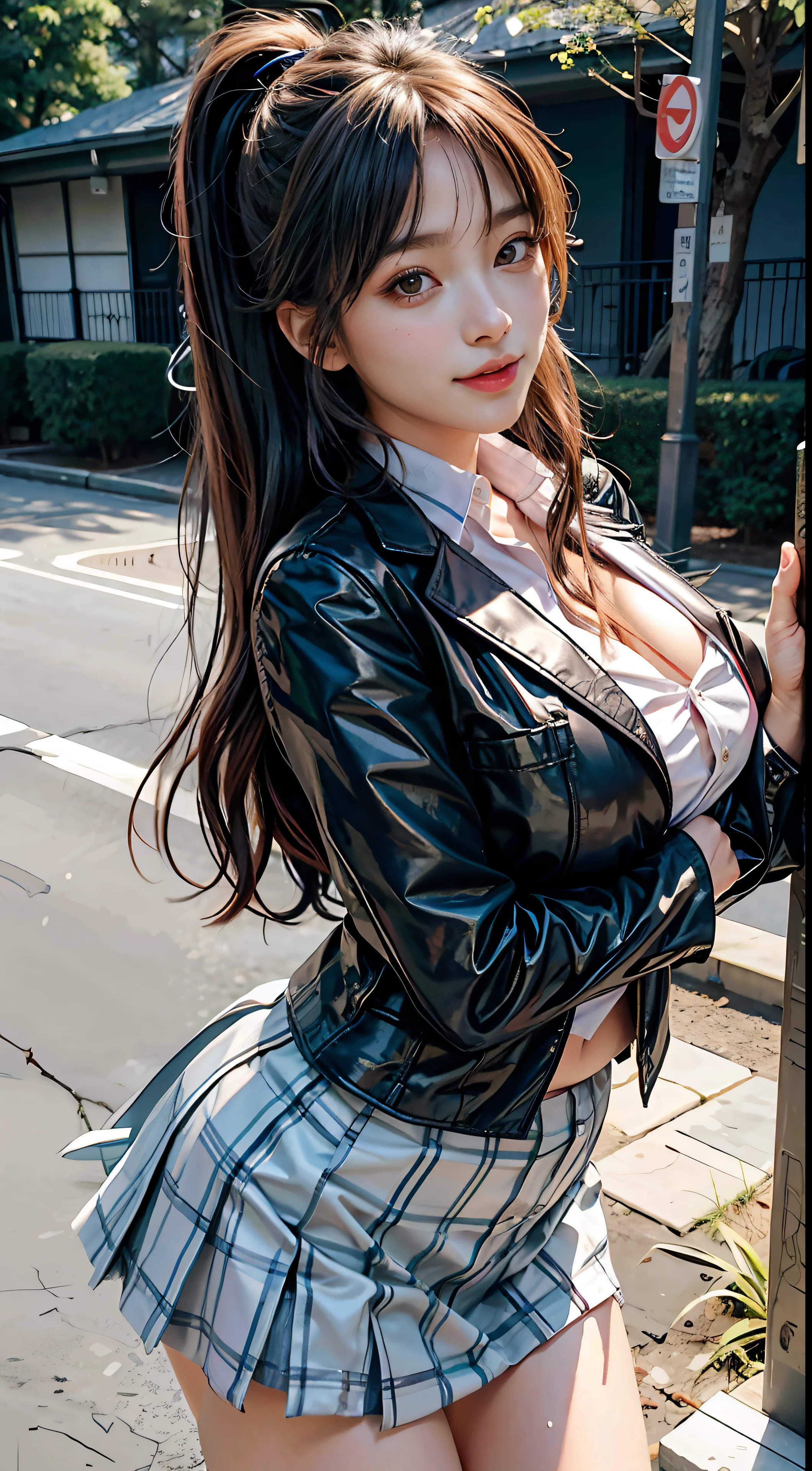 1girl, hatsune miku, Japan person, looking at the view, smile (big smile)/(open mouth), full body, 25 years old girl, perfect body, perfect anatomy, long twin tail hair with pony, curls hair,bright tosca hair, tosca eye color, double eyelids, huge breasts, nacklaces, wet skin, wet hair, sexy poses, snapshot, macro lens, voluptuous body, beautiful face, photogenic , 3D, Blazer uniform, hands raised, schoolyard, lips, high school student, schoolyard, school uniform, real, shiny skin, beautiful delicate face, beautiful delicate eyes, mini skirt, multiple people, Highly detailed skin texture,(Realistic skin), Ultra-Detailed Face, Detailed Lips, Detailed Eyes, Double Eyelids, Light Clothing, very detailed faces, 8k, deep shadow, low key