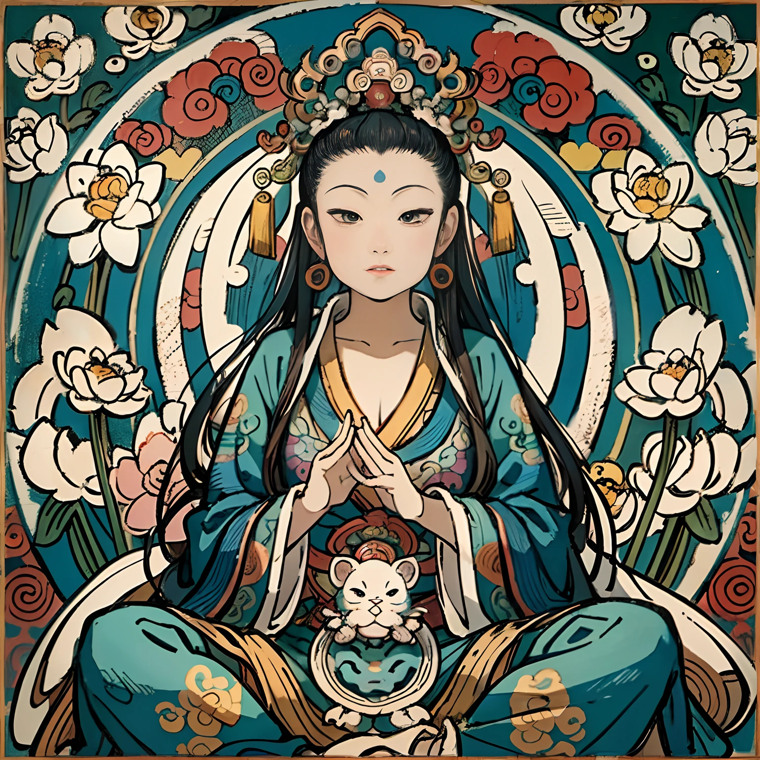 an ancient Chinese goddess, guanyin of the southern seas, Guanyin, Inspired by India, Avalokiteshvara，,Serene expression,shui mo hua,Buddha,Buddhist,Lotus,Chinese painting style,Thangka style