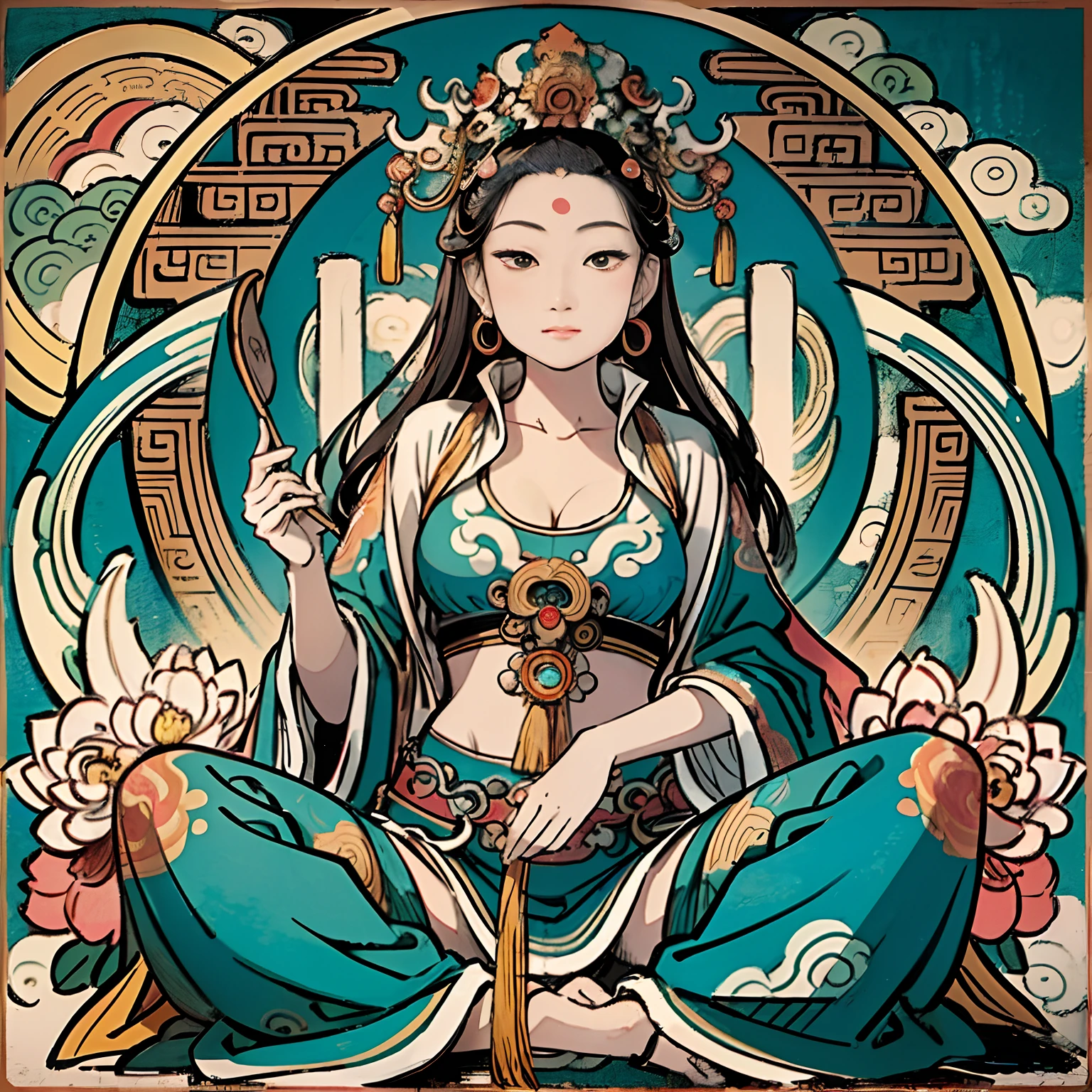 an ancient Chinese goddess, guanyin of the southern seas, Guanyin, Inspired by India, Avalokiteshvara，,Serene expression,shui mo hua,Buddha,Buddhist,Lotus,Chinese painting style,Thangka style