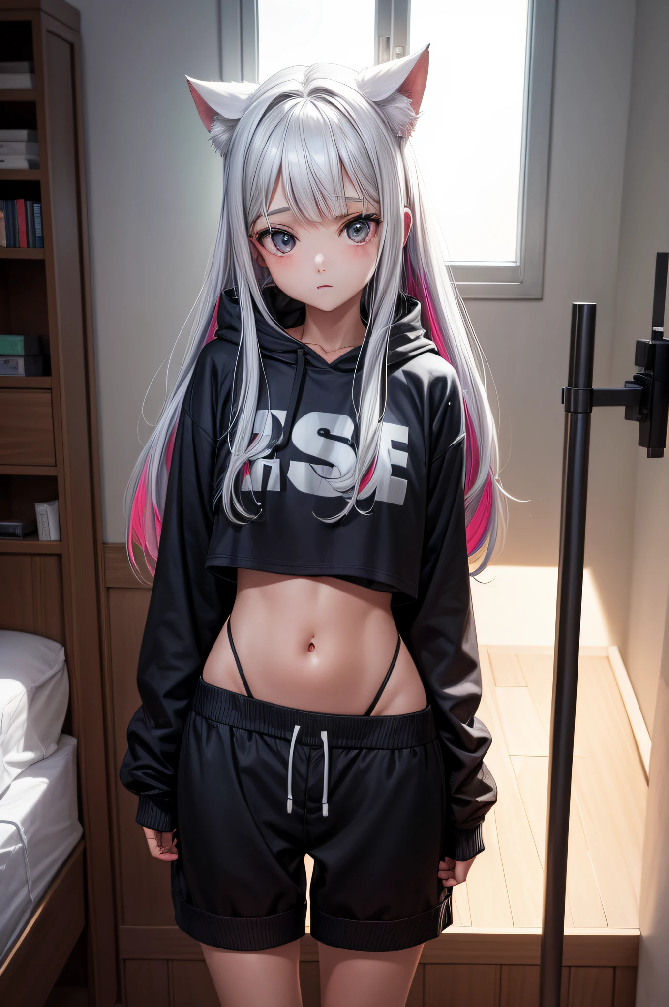1girl, Sudadera con cremallera, shorts, sentarse, Silla gaming, auriculares, dormitorio, luz corta, cuerpo sexy, cara linda, escritorio, Luces LED multicolores, pechos grandes, junto a un ordenador, desde un lado