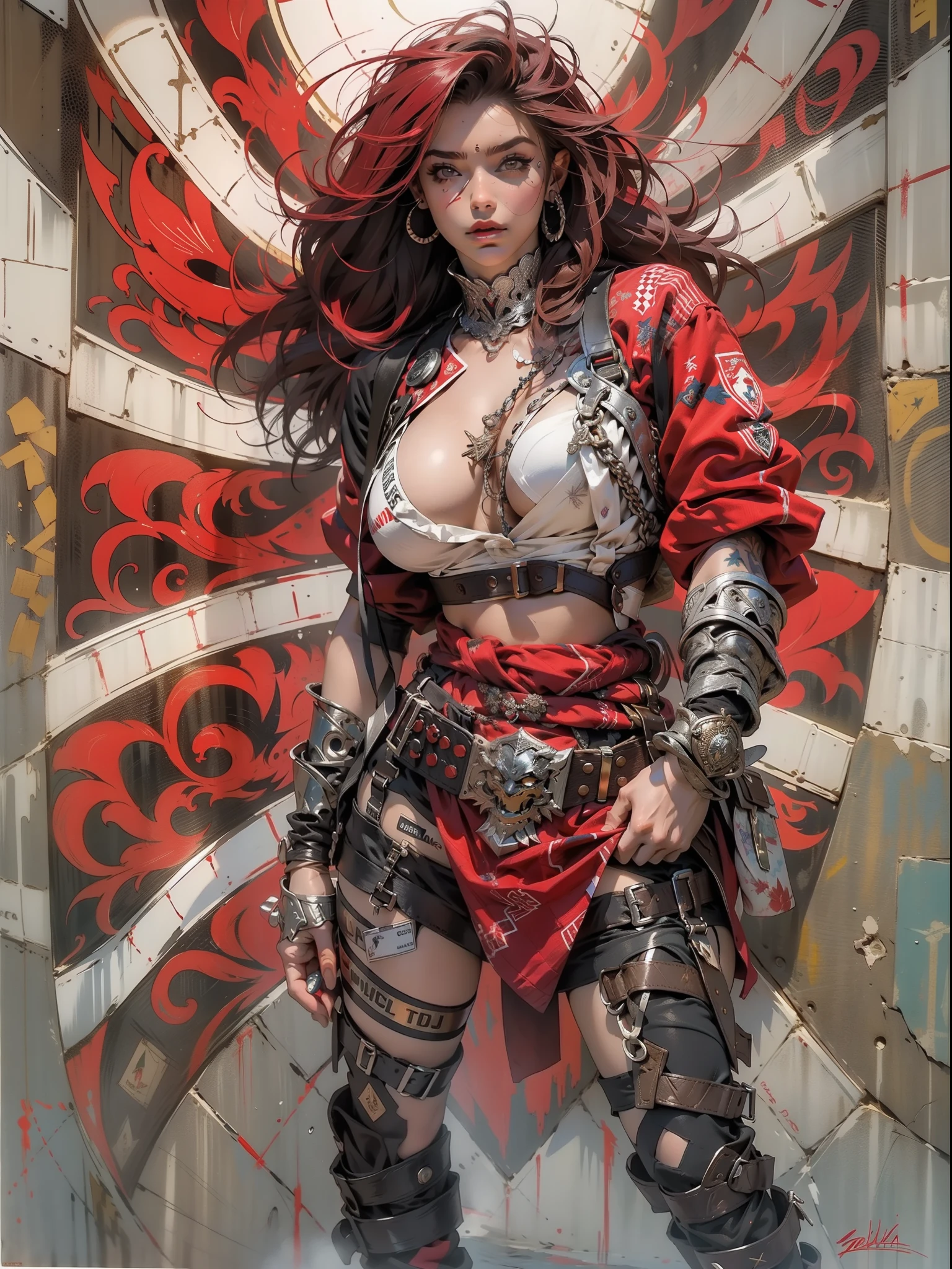 (((mulher))), (((melhor qualidade))), (((obra prima))), (((adulta))), Uma guerreira mulher de 35 anos com corpo perfeito, Brooklyn Gladiators, (( under boobs )), Croatia flag, quase nua no estilo selvagem urbano de Simon Bisley para a capa da revista Heavy Metal, cabelo loiro, Minimum clothing, red and white checkered pattern, armadura, cheio de pontas e rebites, tatuagem tribal, (((do joelho pra cima))), cabelo desalinhado