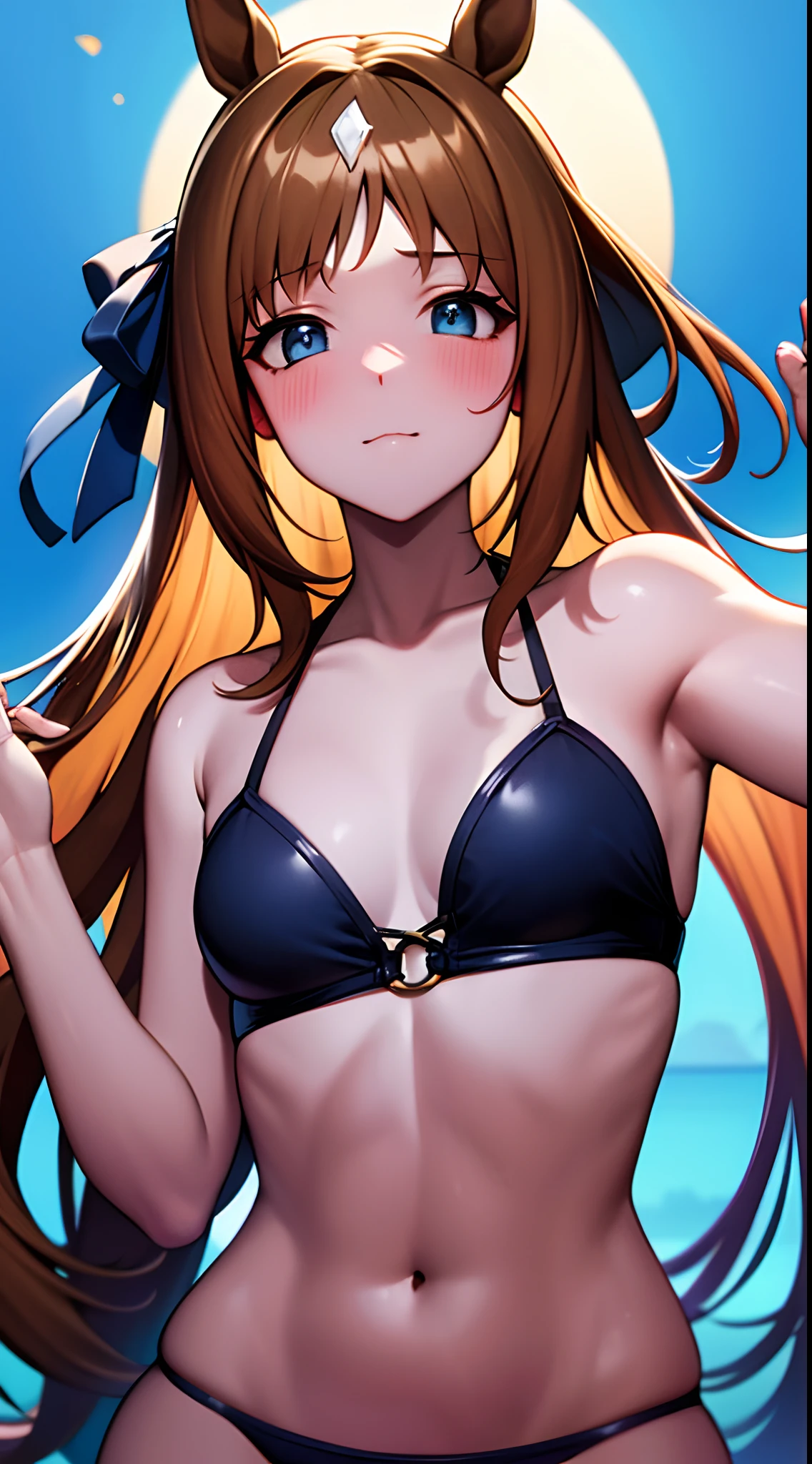 masterpiece,top-quality, Best Quality,{{{1 woman}}},独奏,{{{Glass Wonder\Umamusume}}},brown colored long hair,{{{white diamond-shaped pattern on the hair on the head,}}},{{{horse ear}}}, red blush,a closed mouth,Blue Eyes,small tits,{{{small tits}}},{{{black bikinis}}},{{{Black ruffles}}},Upper body only photos,{{{Wearing a Blue Flame}}},Bold poses,the beach,{{{Blue Night Sky}}},{{{Blue Full Moon}}}
