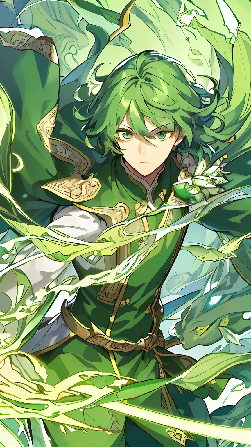 (((Masterpiece))),(((best qualtiy))),((Ultra-detailed)),(illustration),((anextremelydelicateandbeautiful)),dynamic angle,Floating,(beatiful detailed eyes),(detailedlight) (1boys), Solo, Floating_Hair,glowing light eyes,Green hair,green-eyed, atdan, Green background,(Emerald Dragon Man),Green Swordsman