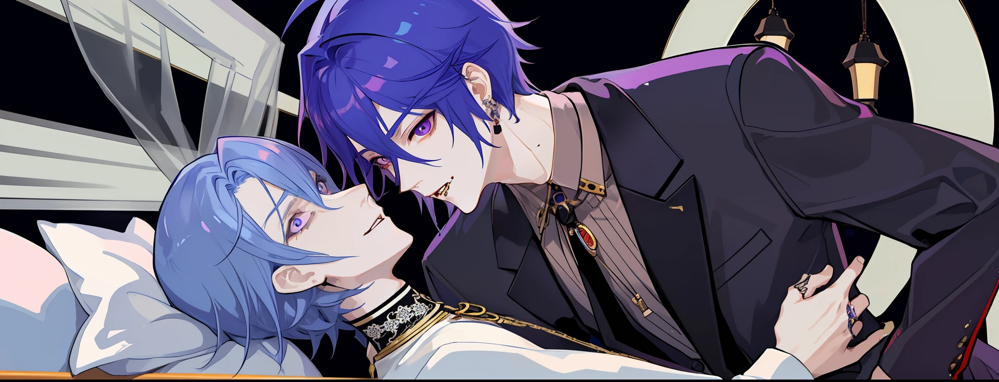 masterpiece, top-quality, 2Others, Male couple, 1 man and 1,, Adults, Height difference, different fashion, different color, finely eye and detailed face, intricate detailes, Casual clothing, Oversized shirt, Modern urban streets, Hands on back, A smile, Happiness, tenderness, queers, high-level image quality、 Two beautiful men、tall、hug from behind、Trying to kiss、window、nightfall、nighttime scene、𝓡𝓸𝓶𝓪𝓷𝓽𝓲𝓬、Korean Male, Idol Photos, k pop, Professional Photos, Vampires, Korean fashion in black and white, Fedoman with necklace, inspired by Sim Sa-jeong, androgynous vampire, :9 detailed face: 8, extra detailed face, detailed punk hair, ((eyes are brown)) baggy eyes, Seductive. Highly detailed, semi realistic anime, Vampires, hyperrealistic , delicate androgynous prince, imvu, short hair above the ears, Man with short hair, Purple-haired man with a glaring expression and a man with light blue hair with a gentle expression, With a short-haired man with bright purple hair, Man with light blue hair