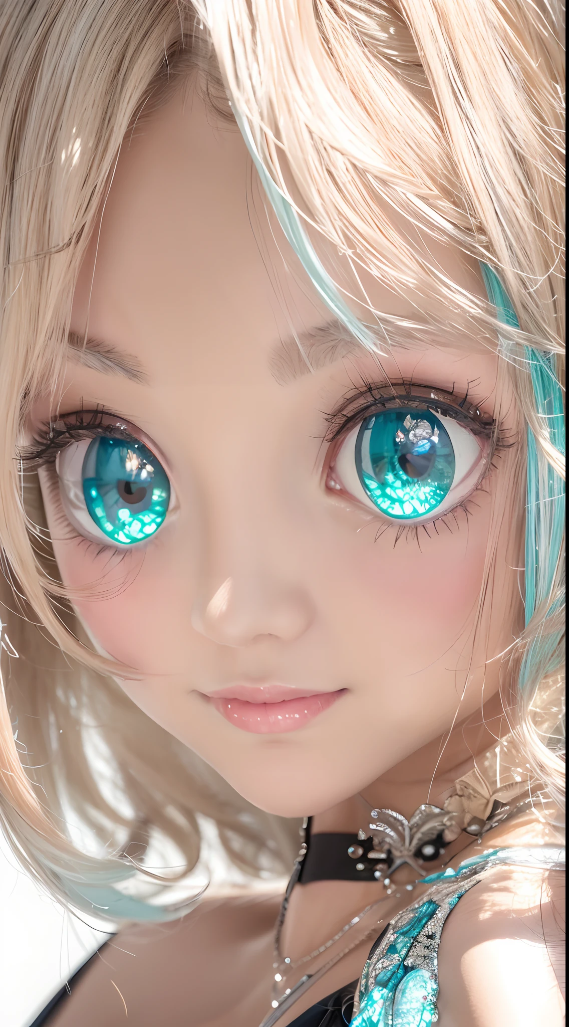 Blonde hair,Colored inner hair, Asymmetrical hair, hair on one eye, Shiny hair, forehead mark, rimless eyewears,  Gradient eyes, aqua eyes, Seductive smile, torogao, Reflectors, From below, Eye level shots, Cinematic lighting, High detail, 16k, 1080p, A high resolution, Best quality, Textured skin low-cut dress